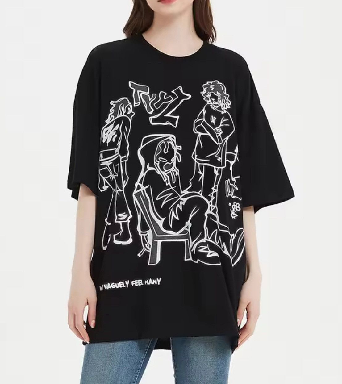 Japanese Brand Black Graphic Tee Hand Drawn Cartoon Design Streetwear Hoodie, Sweatshirt | PodTeesHub.com