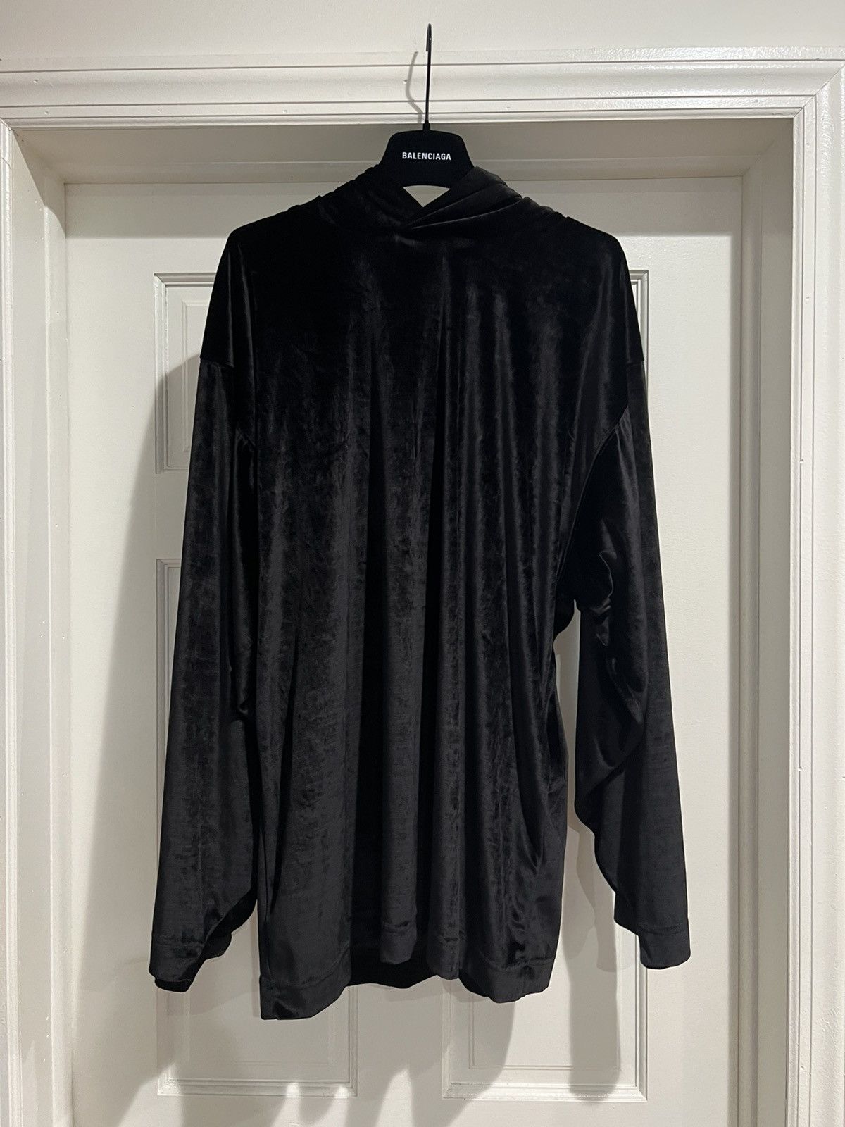 Balenciaga W22 Fluid Velvet Pullover Hoodie In Black 1 T-Shirts, Sweatshirt | PodTeesHub.com
