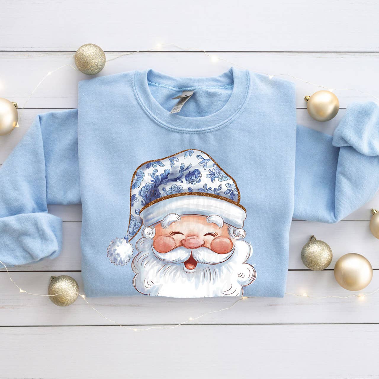 Blue Floral Santa Faux Glitter Sweatshirt T-Shirts, Hoodie | PodTeesHub.com