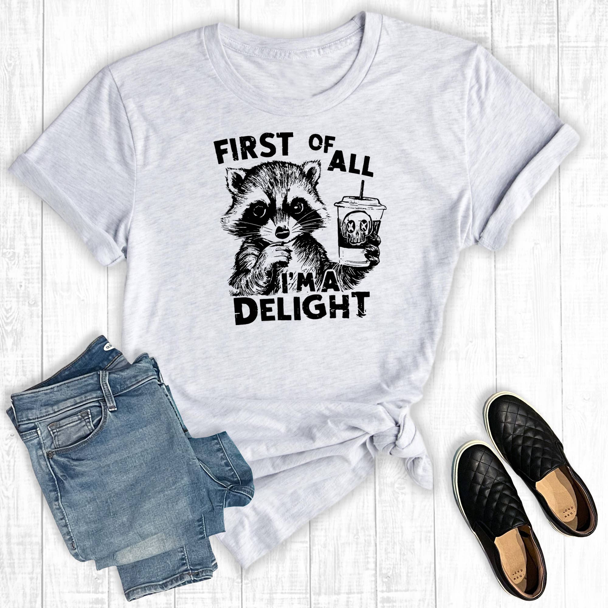Retro Funny First I'm A Delight Raccoon Graphic Tee Hoodie, Sweatshirt | PodTeesHub.com