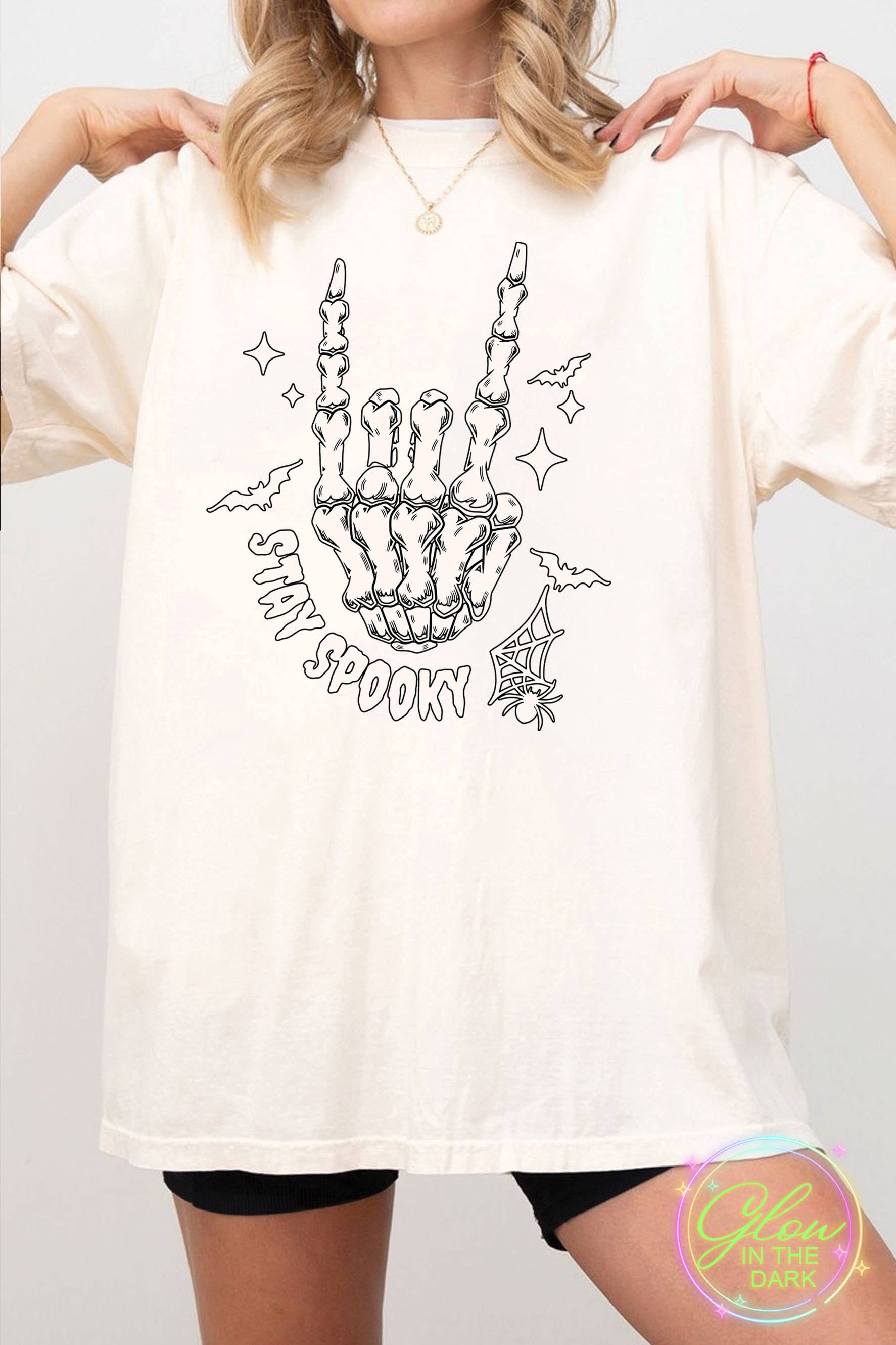 Skeleton Stay Spooky Glow in the Dark Oversize Graphic Tee Hoodie, Sweatshirt | PodTeesHub.com