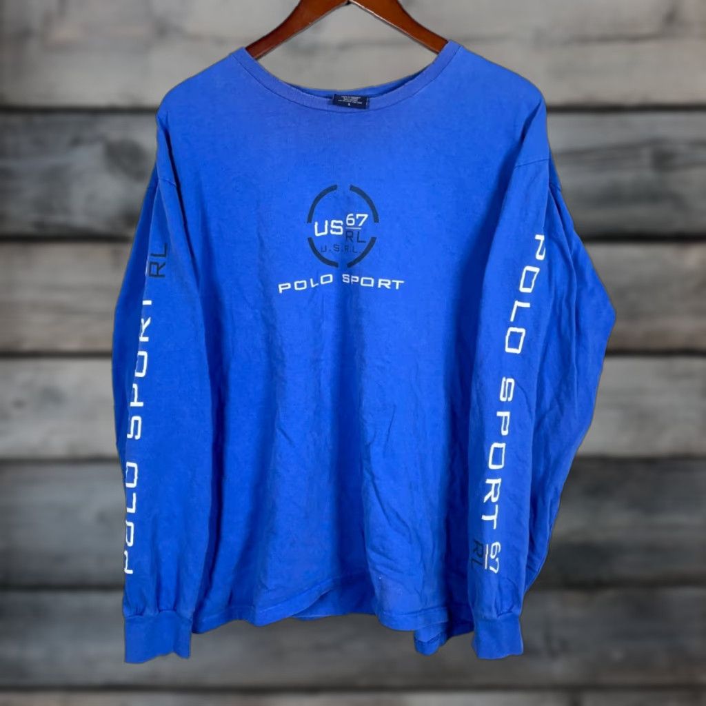 Vintage Polo Sport T Shirt Long Sleeve Mens Large Blue Graphic Print 90s Retro Preppy Hoodie, Sweatshirt | PodTeesHub.com