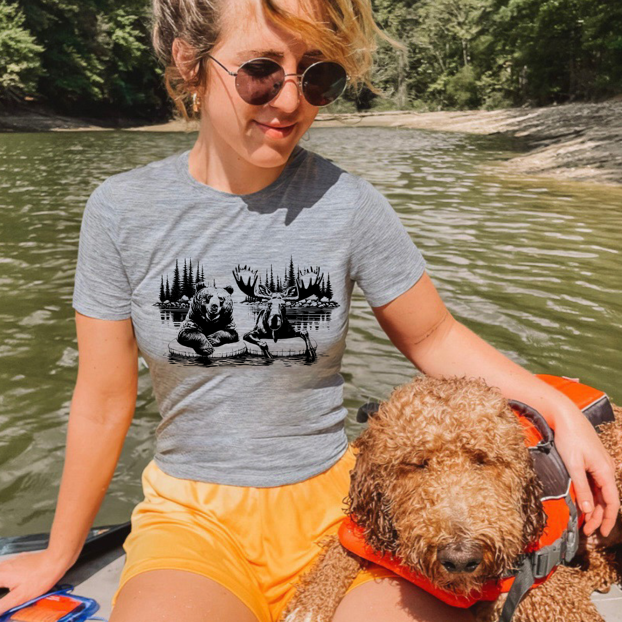 Moose and Bear Floating the River Tee 320 Hoodie, Sweatshirt | PodTeesHub.com