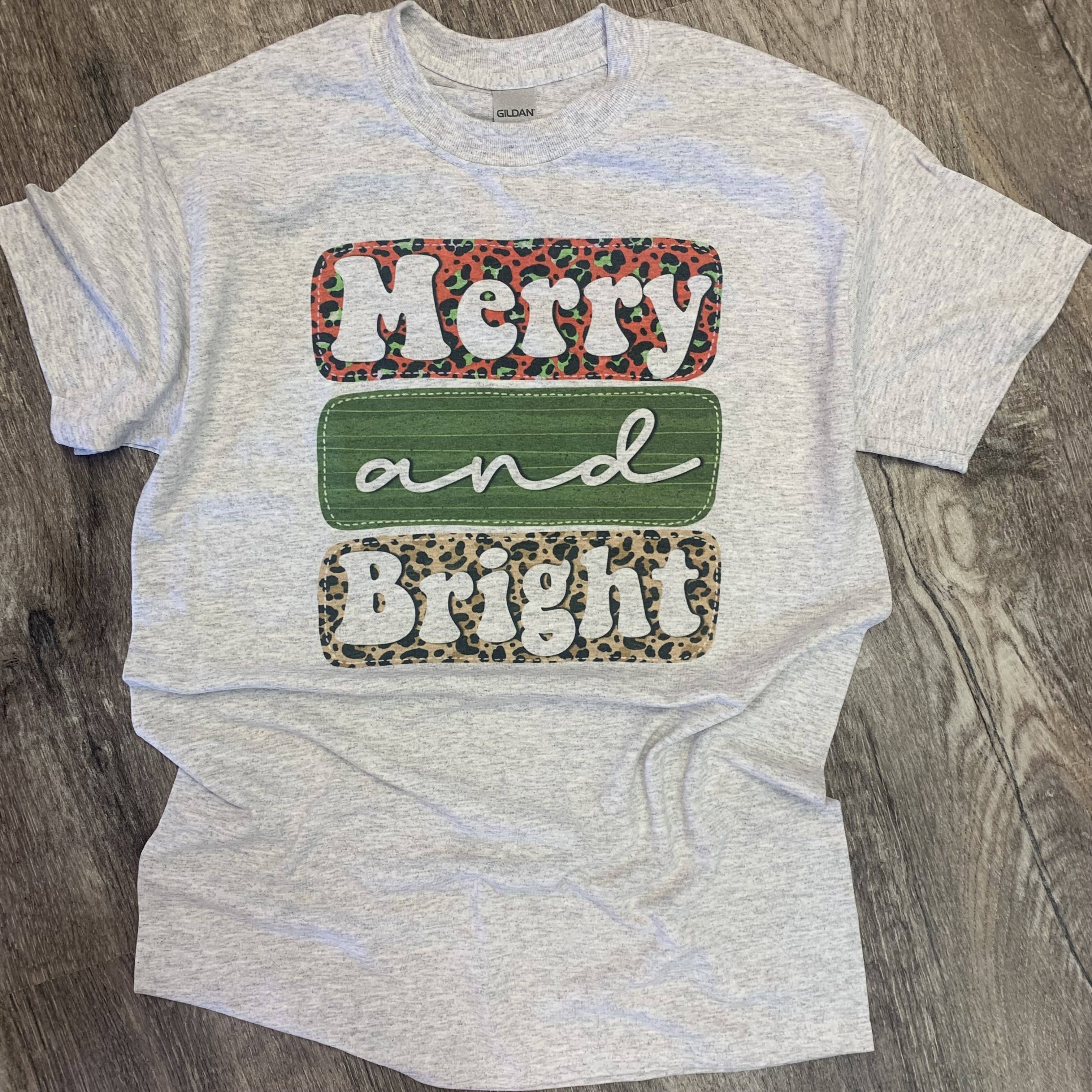 Merry and Bright Bubble Letter Stack On Ash Gray Tee Hoodie, Sweatshirt | PodTeesHub.com