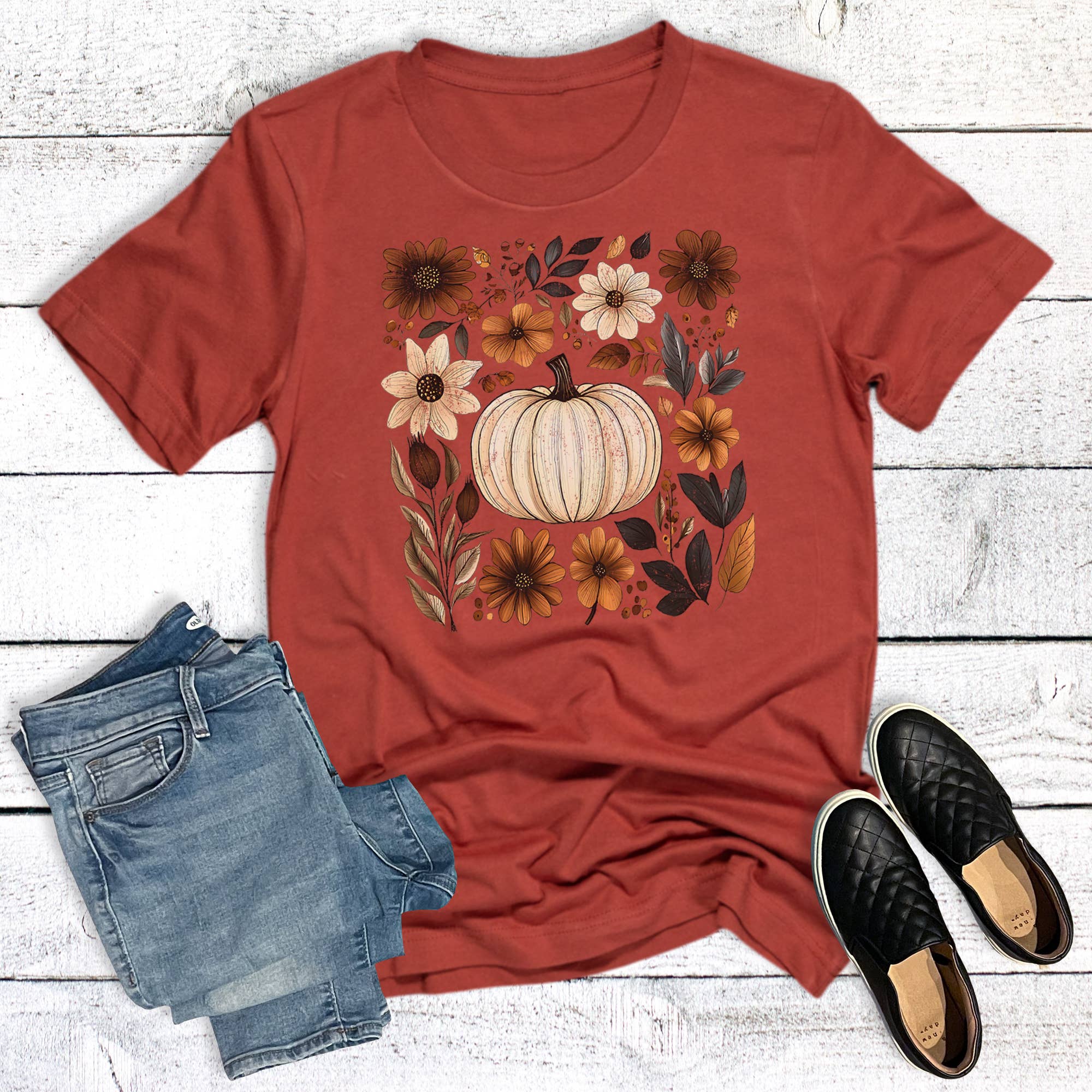 Boho Floral Fall Pumpkin Graphic Tee Hoodie, Sweatshirt | PodTeesHub.com