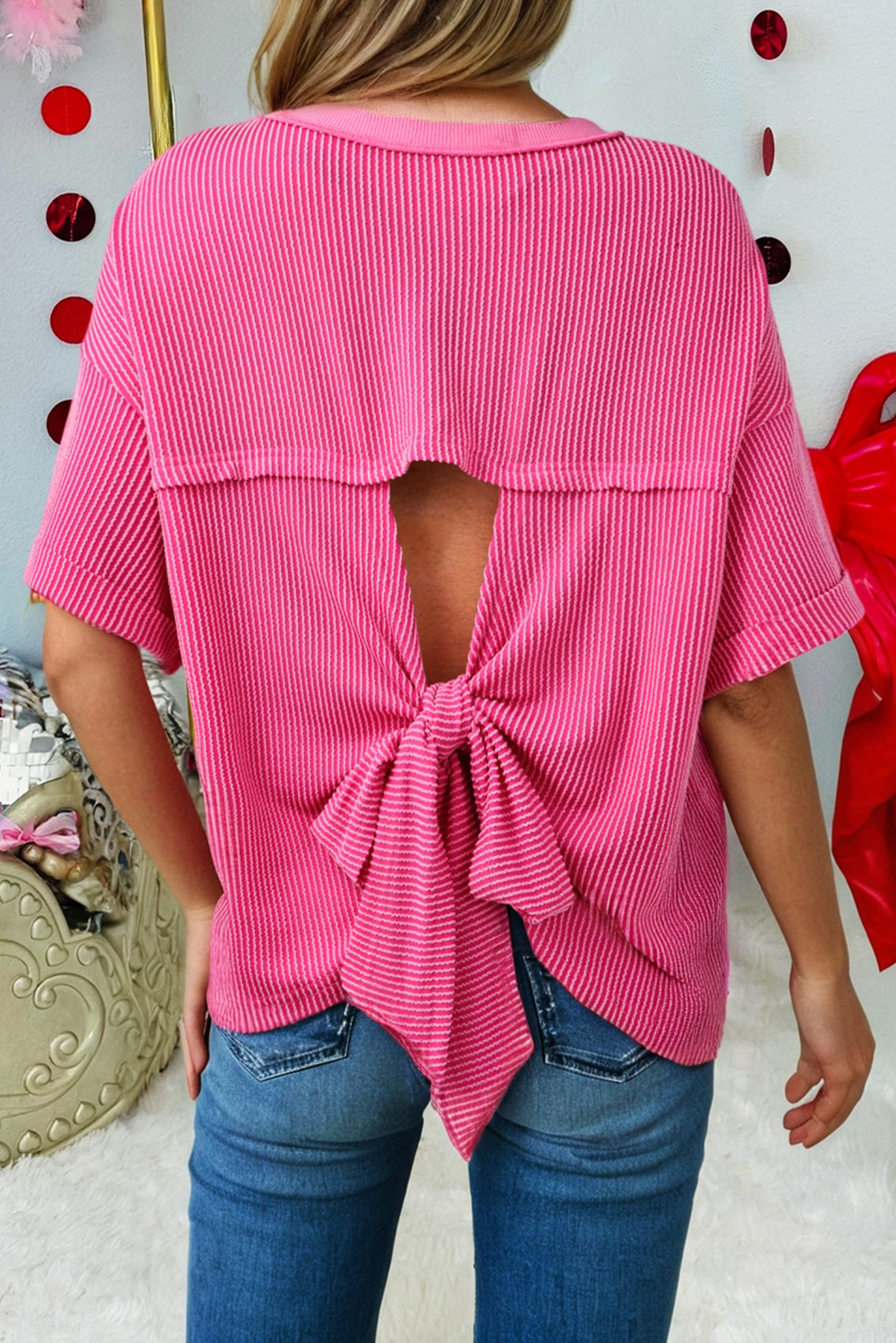 Spiral Ribbed Cutout Bow Knot Back Oversize T Shirt (S-Xl) Hoodie, Sweatshirt | PodTeesHub.com