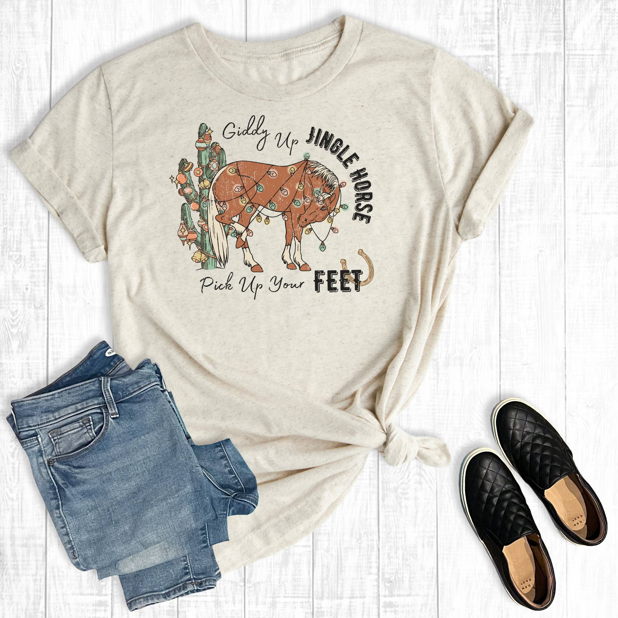 Western Christmas Giddy Up Jingle Horse Graphic Tee Hoodie, Sweatshirt | PodTeesHub.com