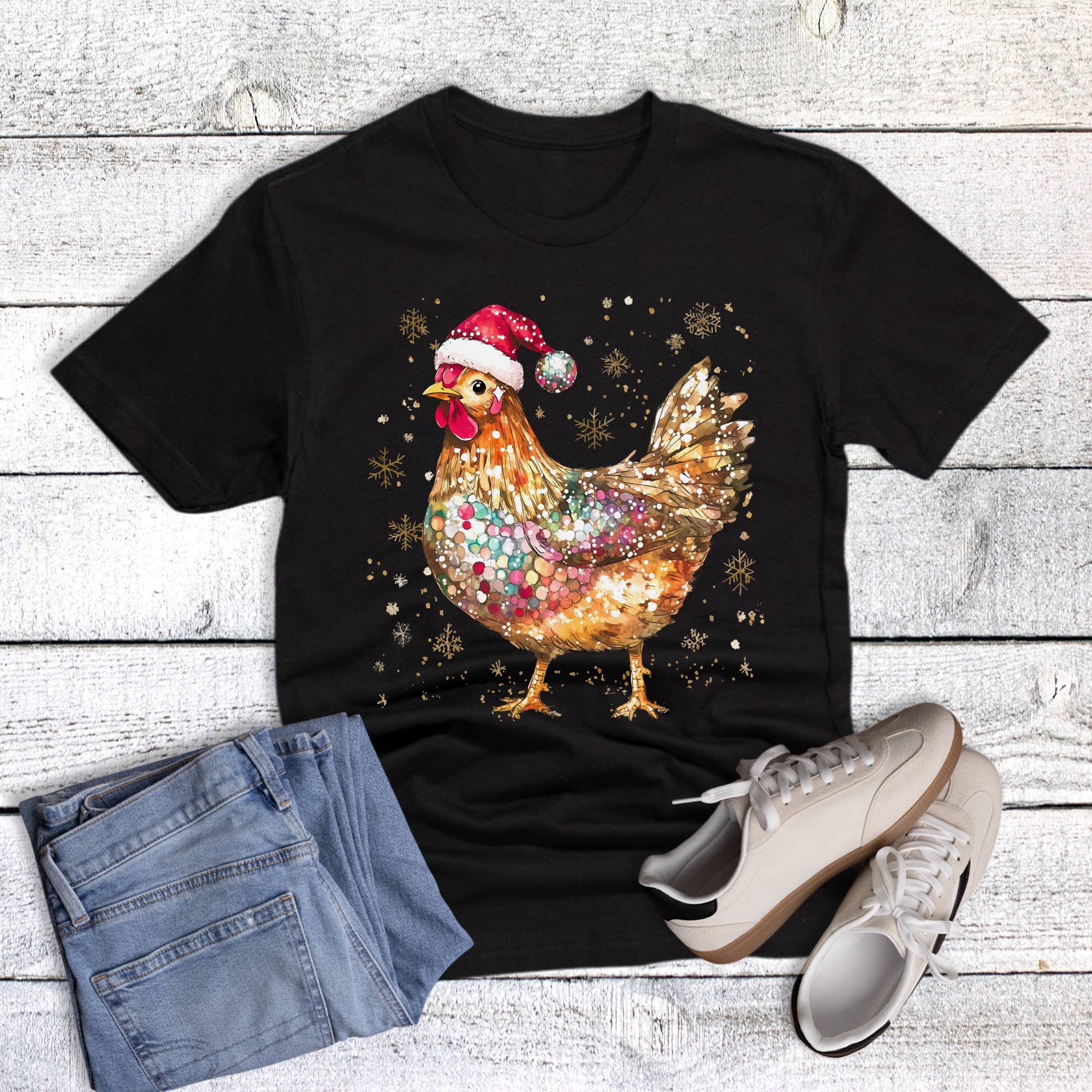 Christmas Glitter Santa Chicken Graphic Tee Hoodie, Sweatshirt | PodTeesHub.com