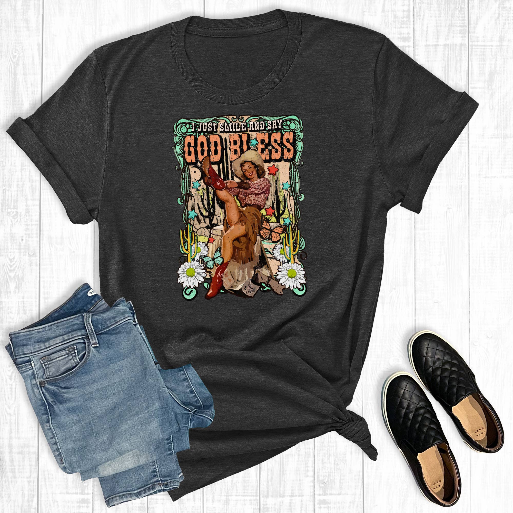 Western Just Smile and Say God Bless Graphic Tee Hoodie, Sweatshirt | PodTeesHub.com