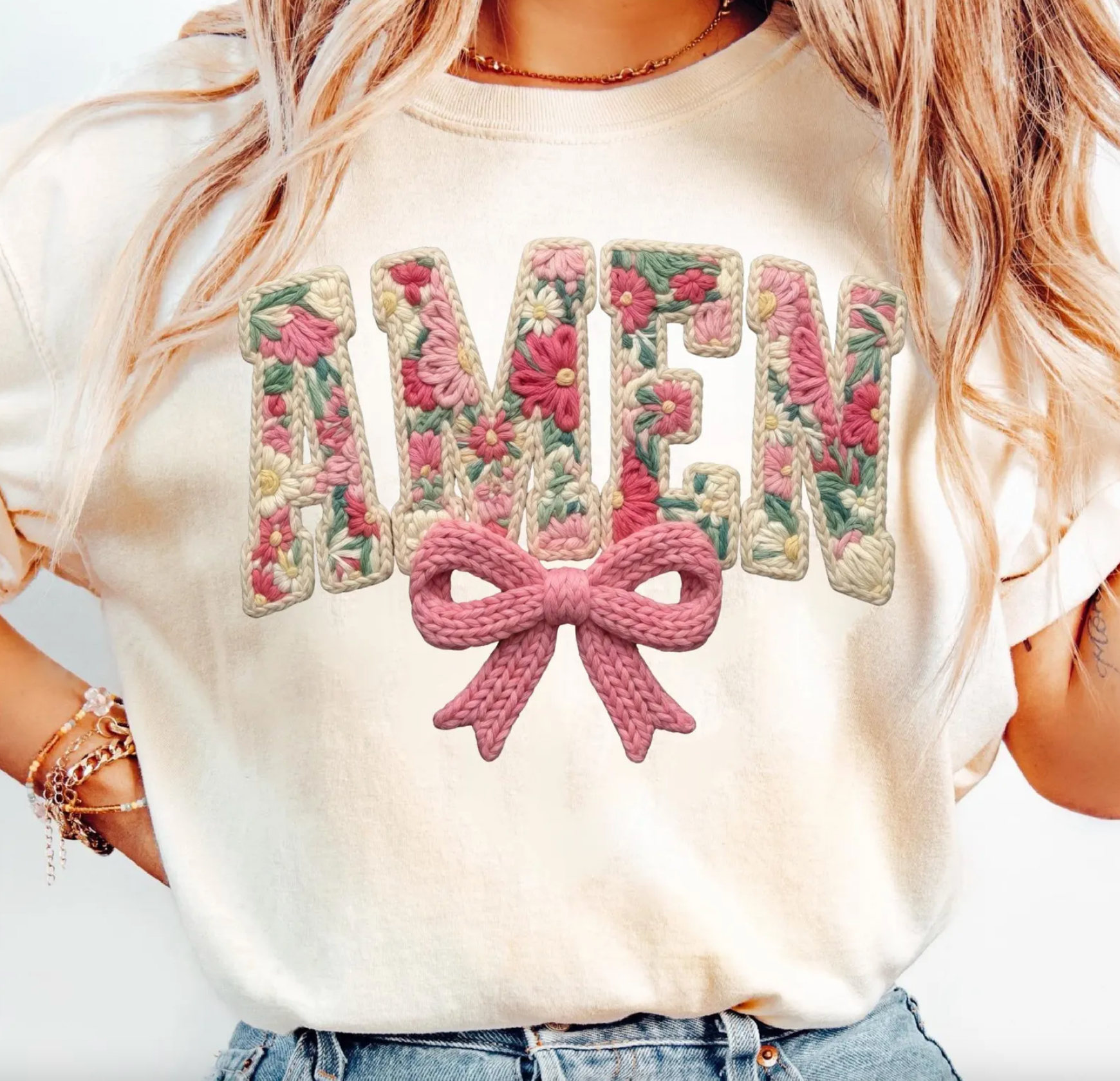 Coquette Amen Faux Yarn Crochet Comfort Color Tee Hoodie, Sweatshirt | PodTeesHub.com
