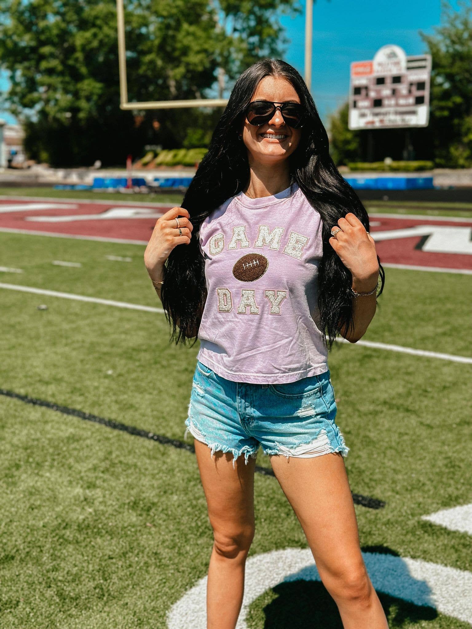 Game Day Football Rose Gold Chenille Patch Midi Cropped Tee Hoodie, Sweatshirt | PodTeesHub.com
