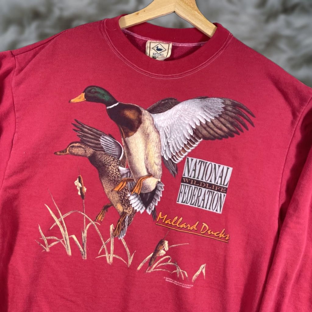Vintage National Wildlife Federation Sweatshirt Crewneck Mallard Ducks Graphic Print Red Lar T-Shirts, Hoodie