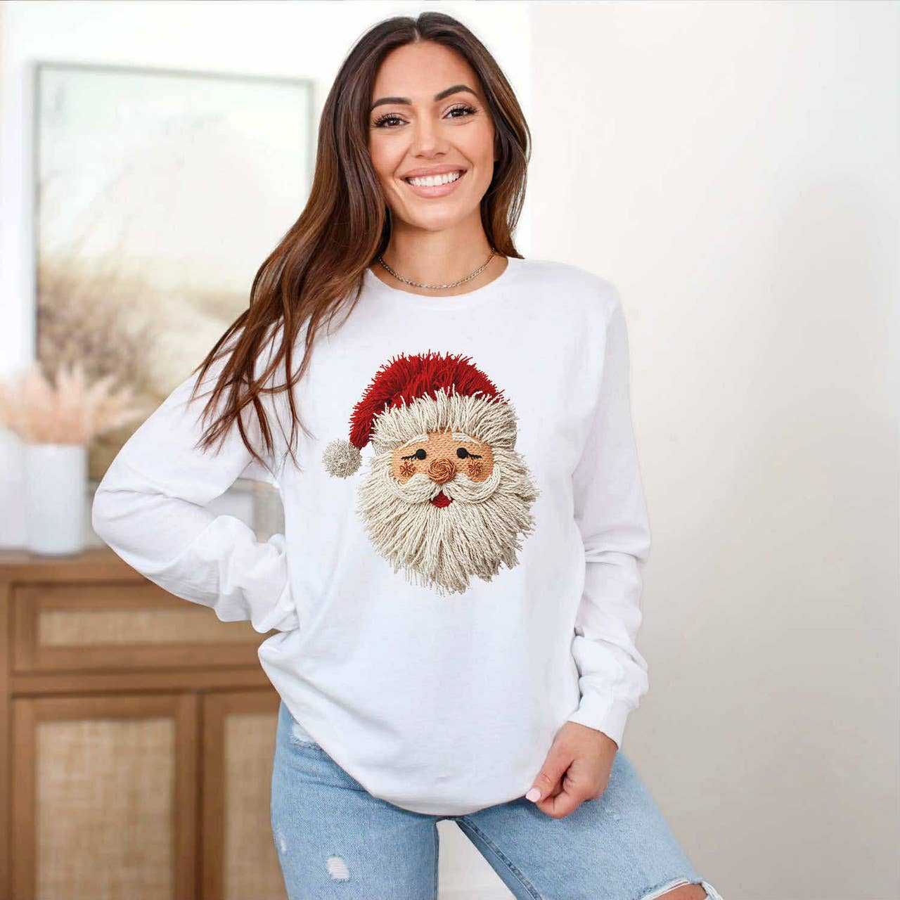 Faux Yarn String Santa Long Sleeve Tee Hoodie, Sweatshirt | PodTeesHub.com