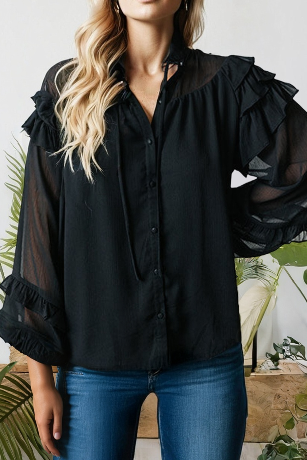 Ruffle Balloon Sleeve Chiffon Elegant Plus Size Shirt Hoodie, Sweatshirt | PodTeesHub.com
