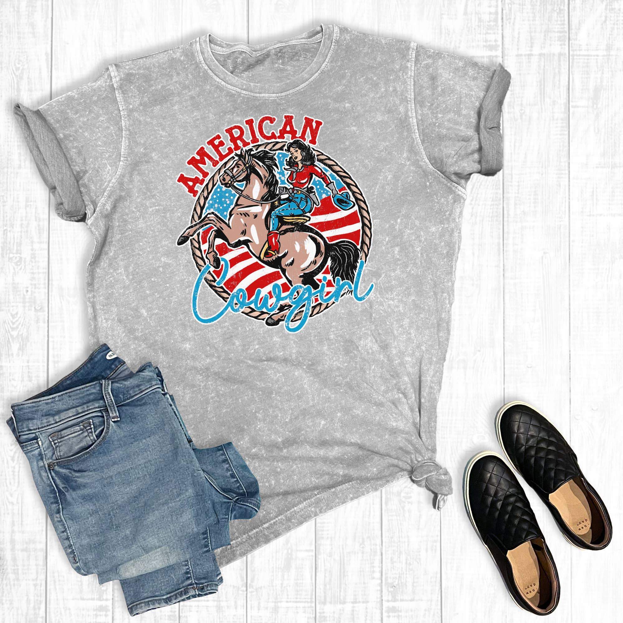July 4th Western American Cowgirl Mineral Wash Graphic Tee Hoodie, Sweatshirt | PodTeesHub.com