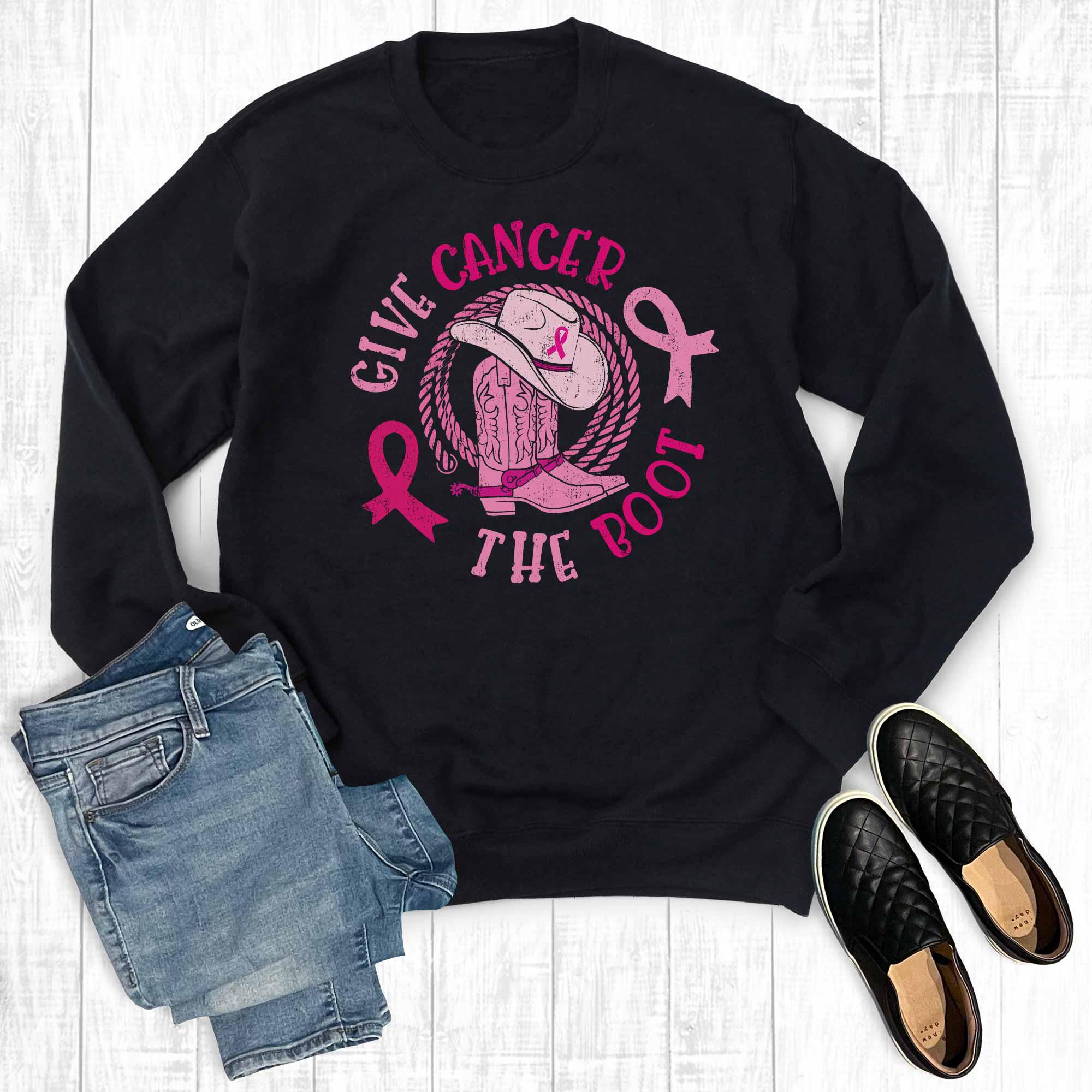 Western Give Cancer the Boot Graphic Sweatshirt T-Shirts, Hoodie | PodTeesHub.com