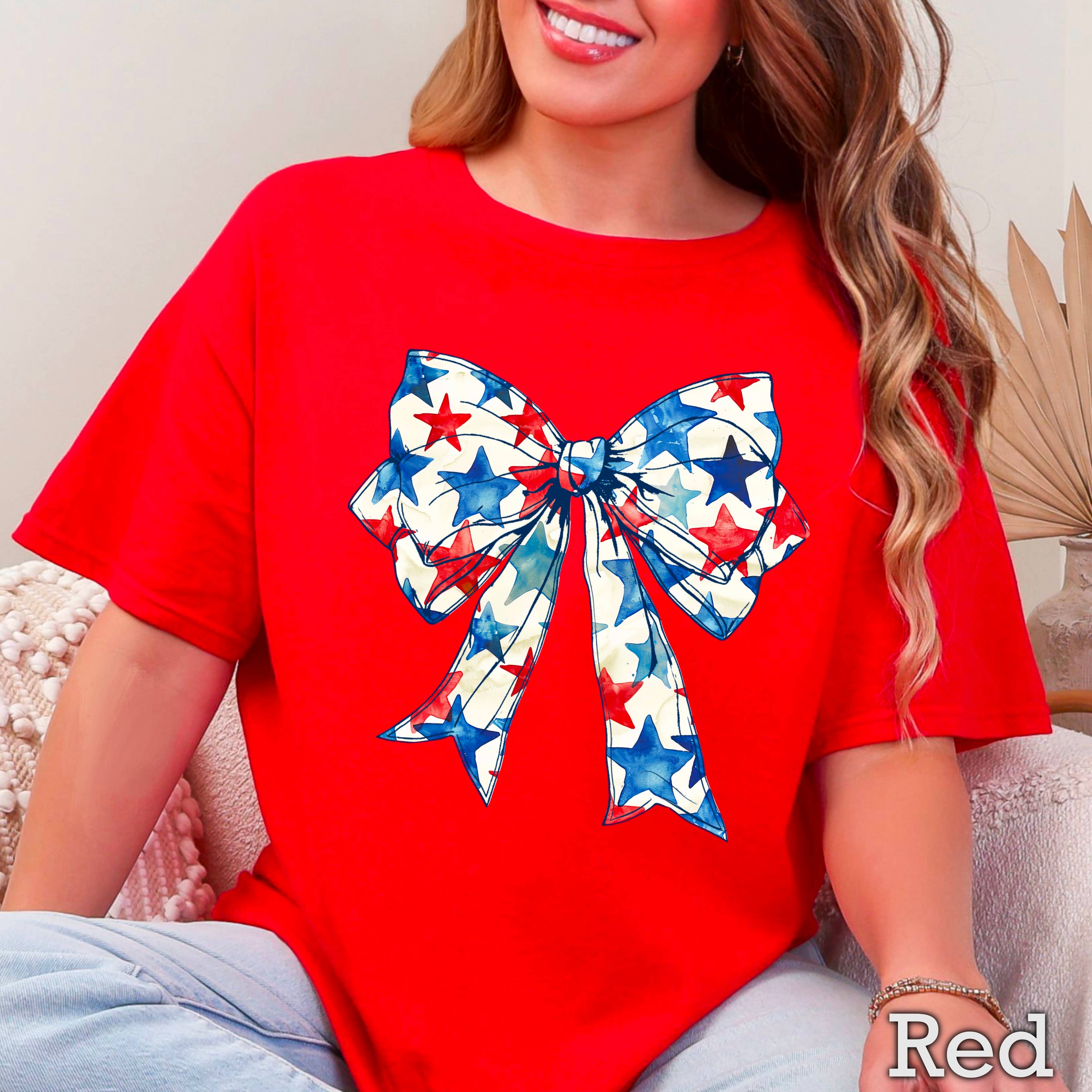 July 4th Coquette Star Bow Graphic Tee | Gildan Hoodie, Sweatshirt | PodTeesHub.com