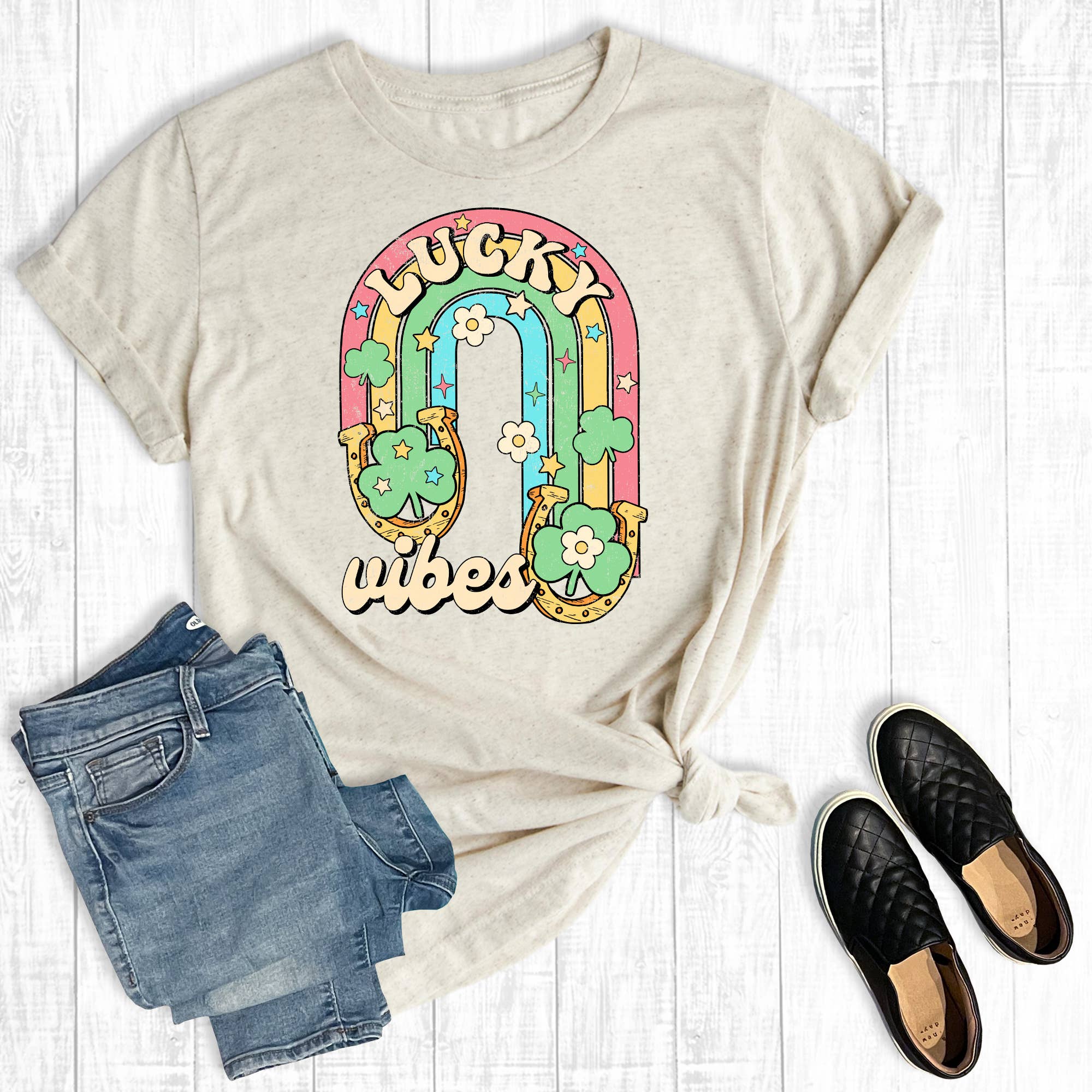 Retro St Patrick's Day Lucky Vibes Graphic Tee Hoodie, Sweatshirt | PodTeesHub.com