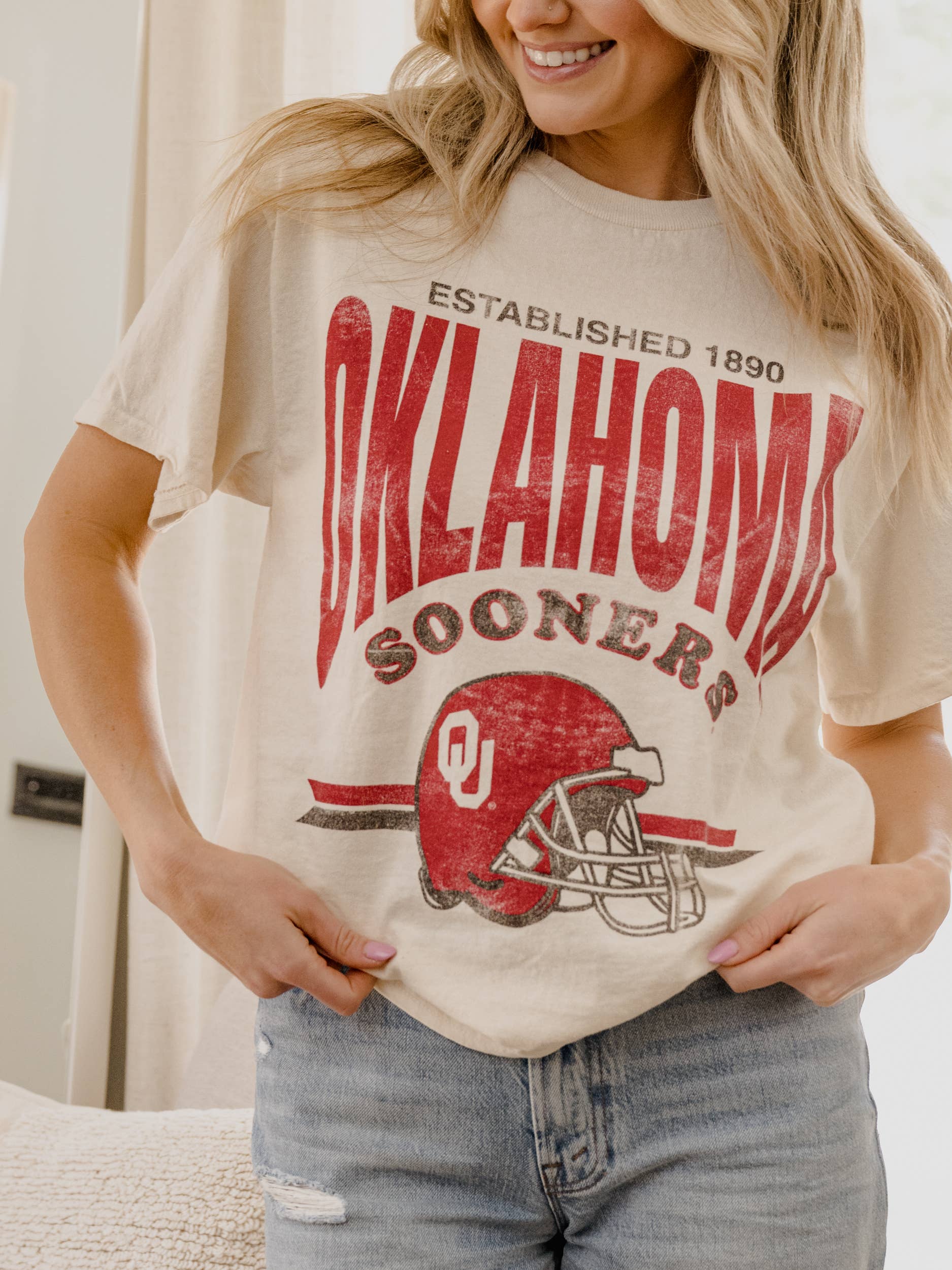 Ou Sooners Established Date Helmet Off White Thrifted Tee Hoodie, Sweatshirt | PodTeesHub.com