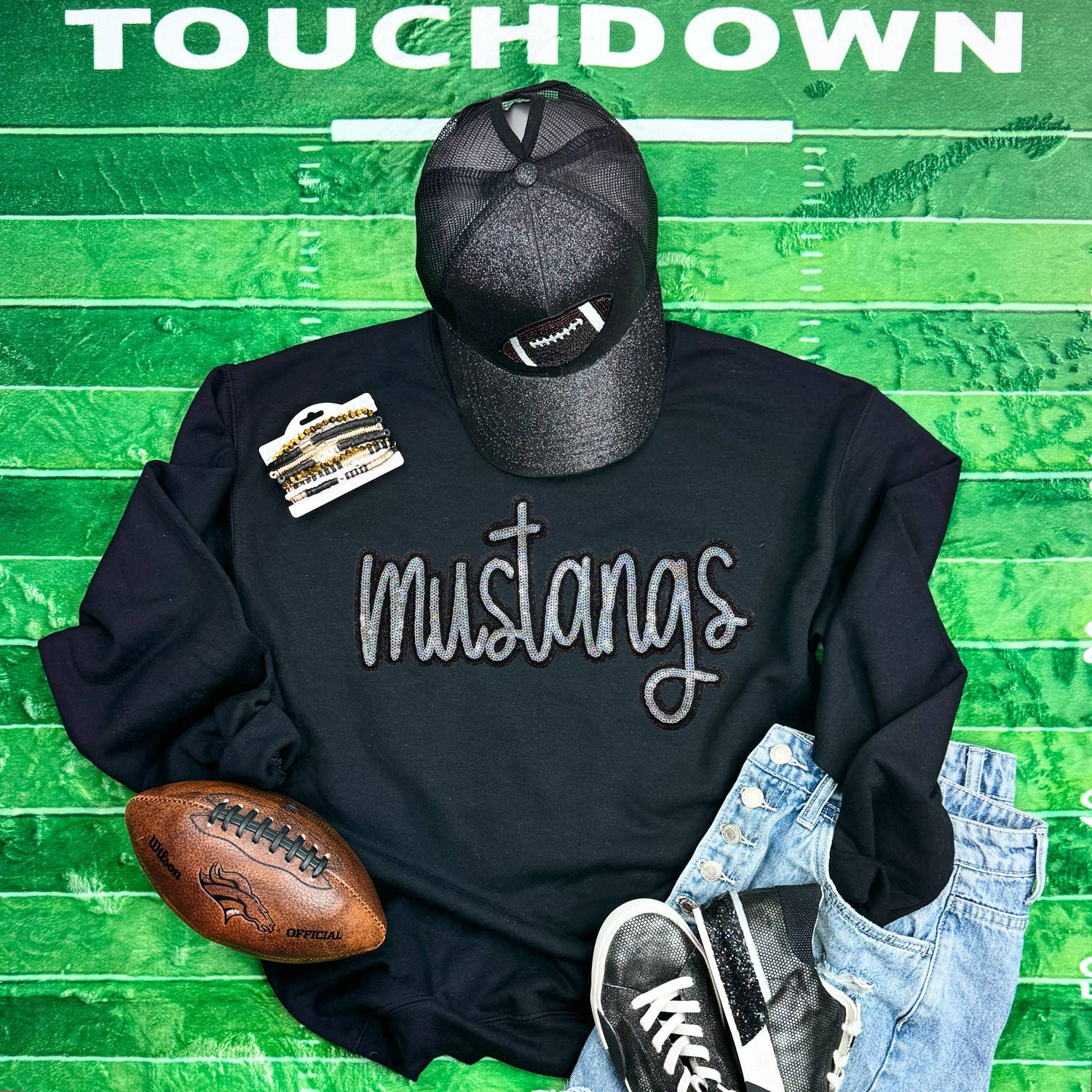 Mustangs Sequin Patch Black Crewneck Sweatshirt T-Shirts, Hoodie | PodTeesHub.com