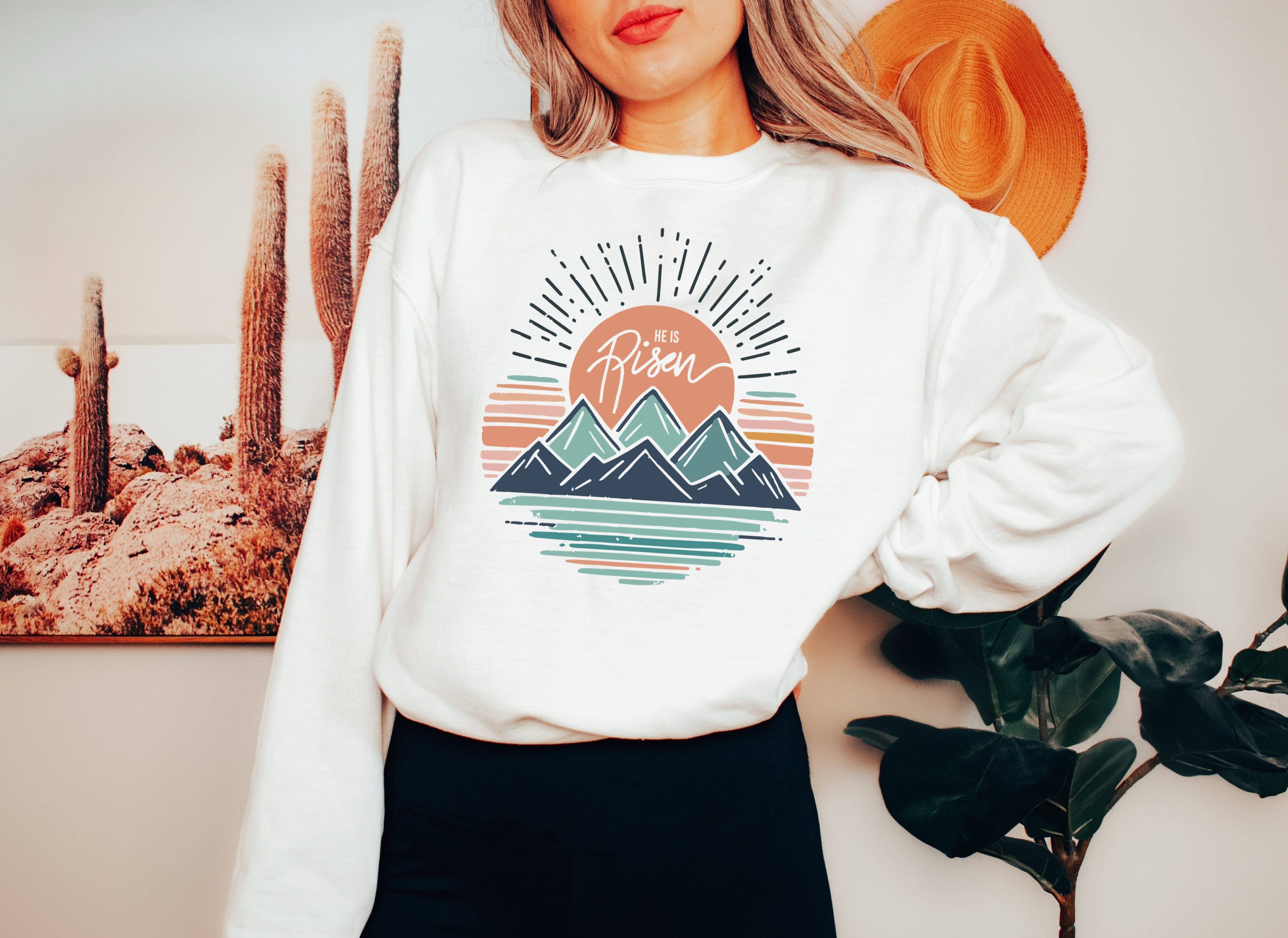 He Is Risen Mountains Crew Neck Sweatshirt T-Shirts, Hoodie | PodTeesHub.com