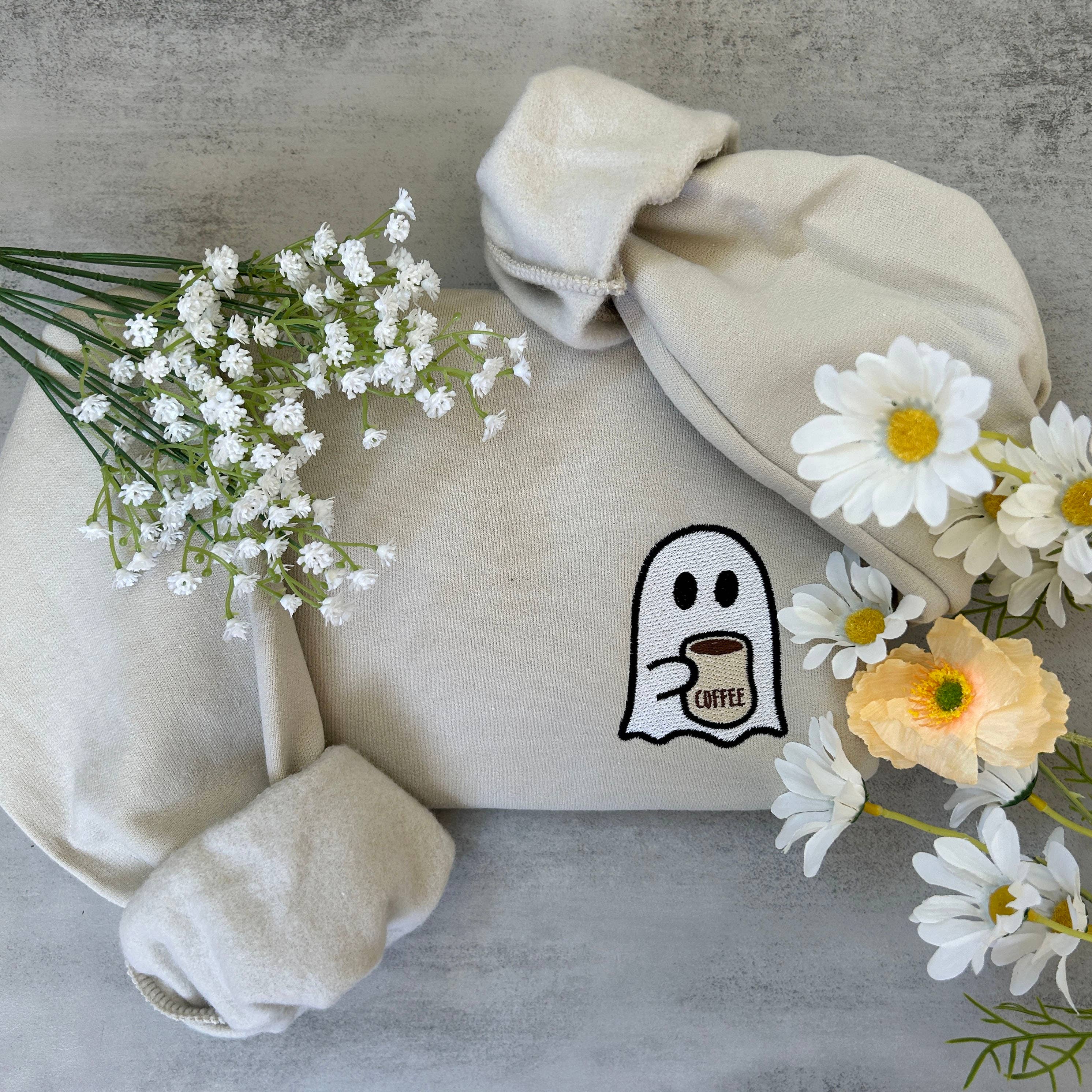 Embroidered Halloween Ghost Drinking Coffee Sweatshirt T-Shirts, Hoodie | PodTeesHub.com