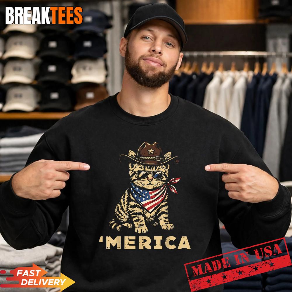 4th of July Cowboy Cat Merica Patriotic Shirt