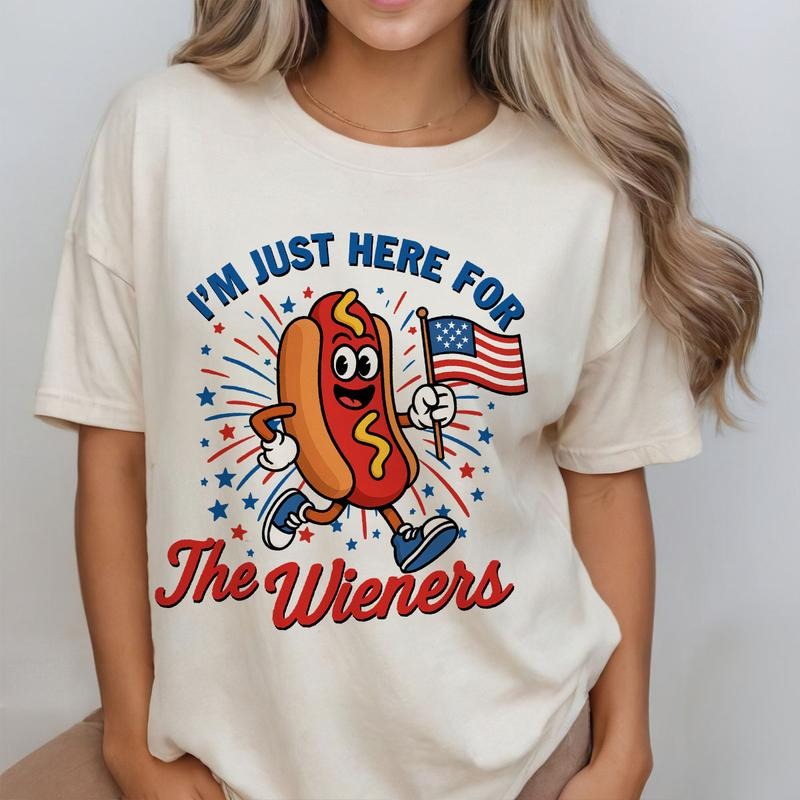 4th of July Just Here For The Wieners Shirt, Retro America Girly Patriotic Weenies Top, Funny Hot Dog Tee, Independence...