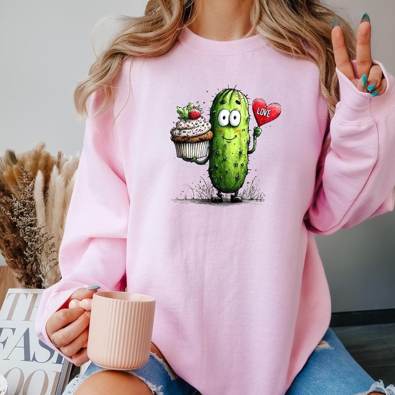 Gildan Crewneck Sweatshirt With Glittery Pickle & Cupcake Graphic 50/50 Cotton Polyester Blend Comfortable Fit Perfect...