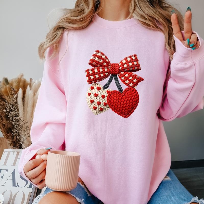 Gildan Valentine's Day Crewneck Sweatshirt with Faux Yarn Bow & Hearts Graphic in 50/50 Cotton Polyester Blend for Casual...