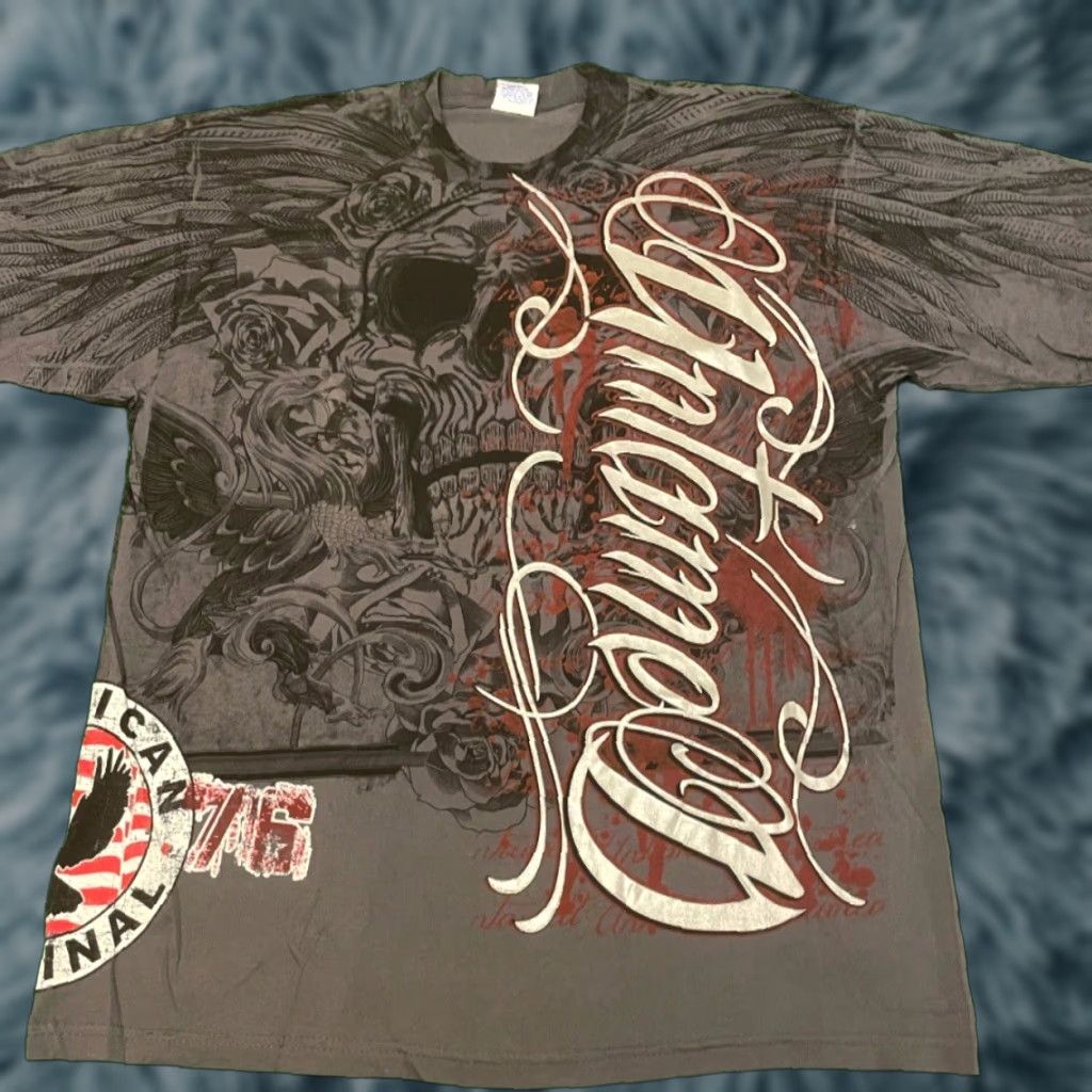 Gloverall Vintage Untamed Mma All Over Print Skull Wings Grunge Punk Vtg Shirt Xl Gray Men Short Sle Hoodie, Sweatshirt