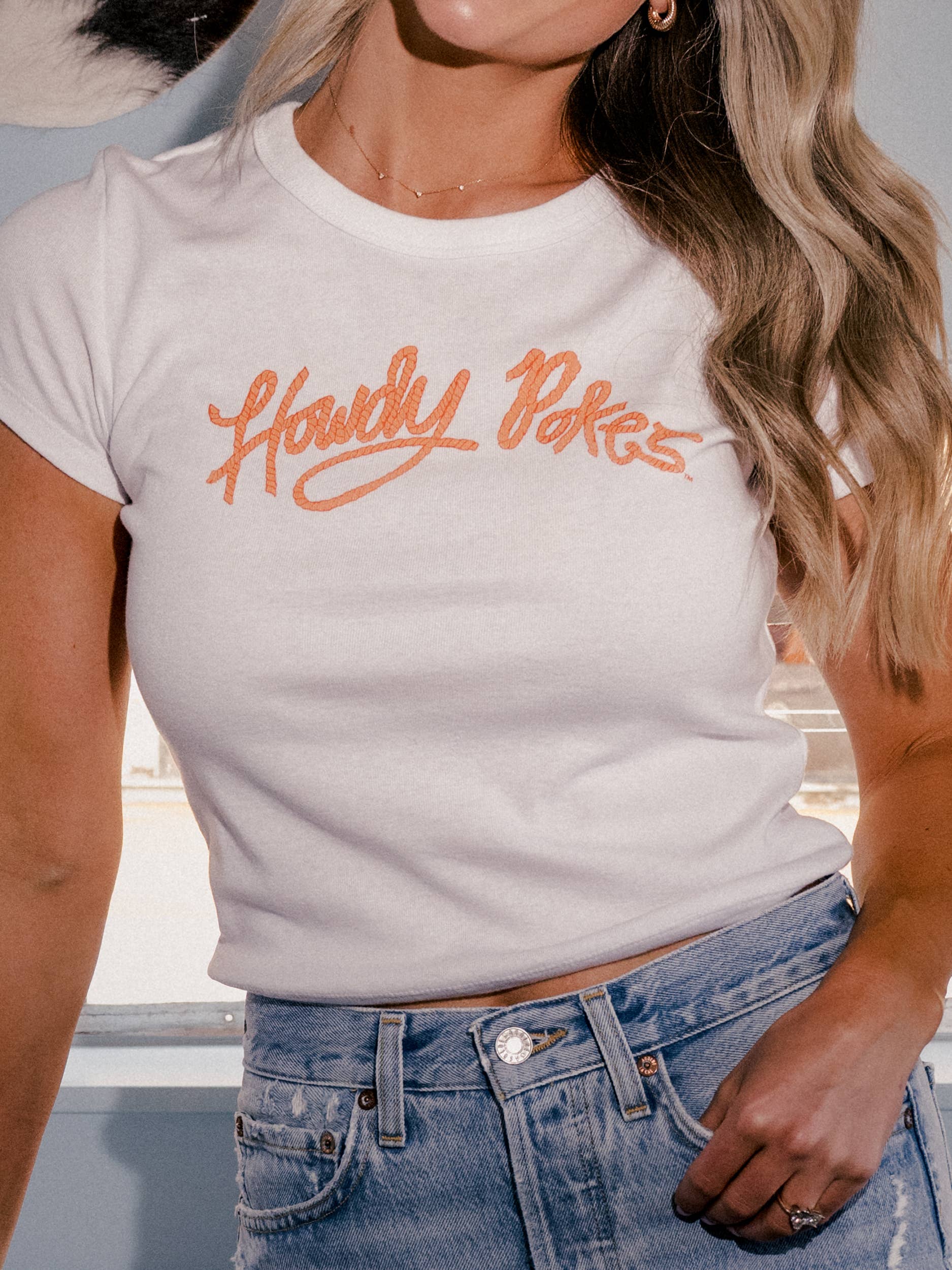 Osu Cowboy Howdy Pokes Off White Micro Cropped Tee Hoodie, Sweatshirt | PodTeesHub.com