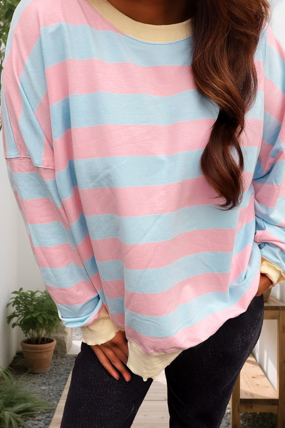 Stripe Drop Shoulder Crewneck Plus Size Sweatshirt T-Shirts, Hoodie | PodTeesHub.com
