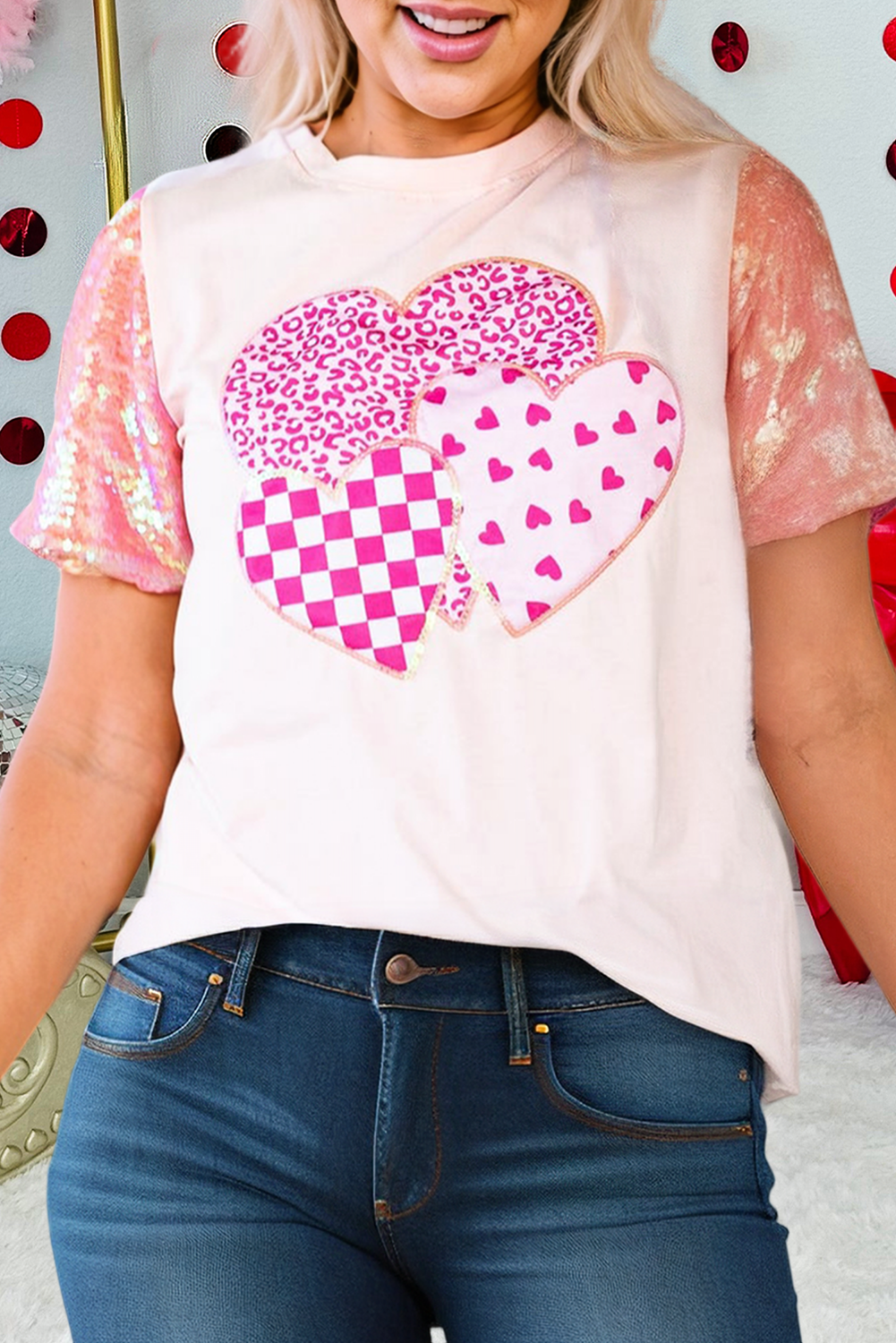 Hearts Printed Sequin Trim Sleeve Patchwork Tee (S-Xl) Hoodie, Sweatshirt | PodTeesHub.com