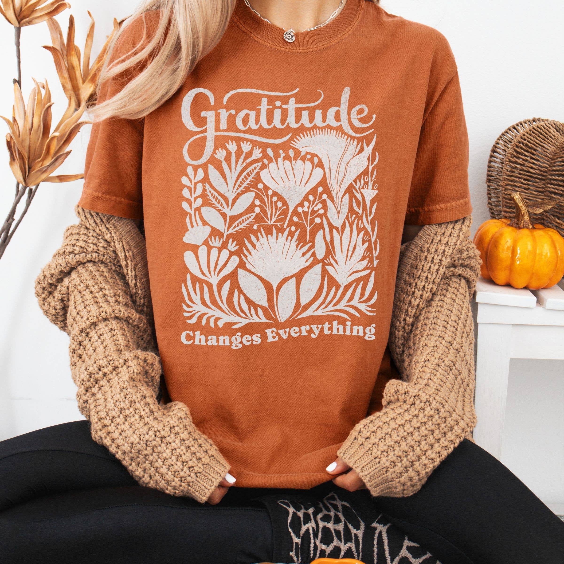 Gratitude Changes Things Fall Graphic Tee - Christian Tee Hoodie, Sweatshirt | PodTeesHub.com