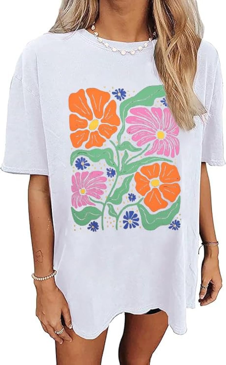 Oversized Graphic T-Shirt for Women Vintage Floral Shirt Rock Band Music Guitar Tee Casual Holiday Cute Plant Tops
