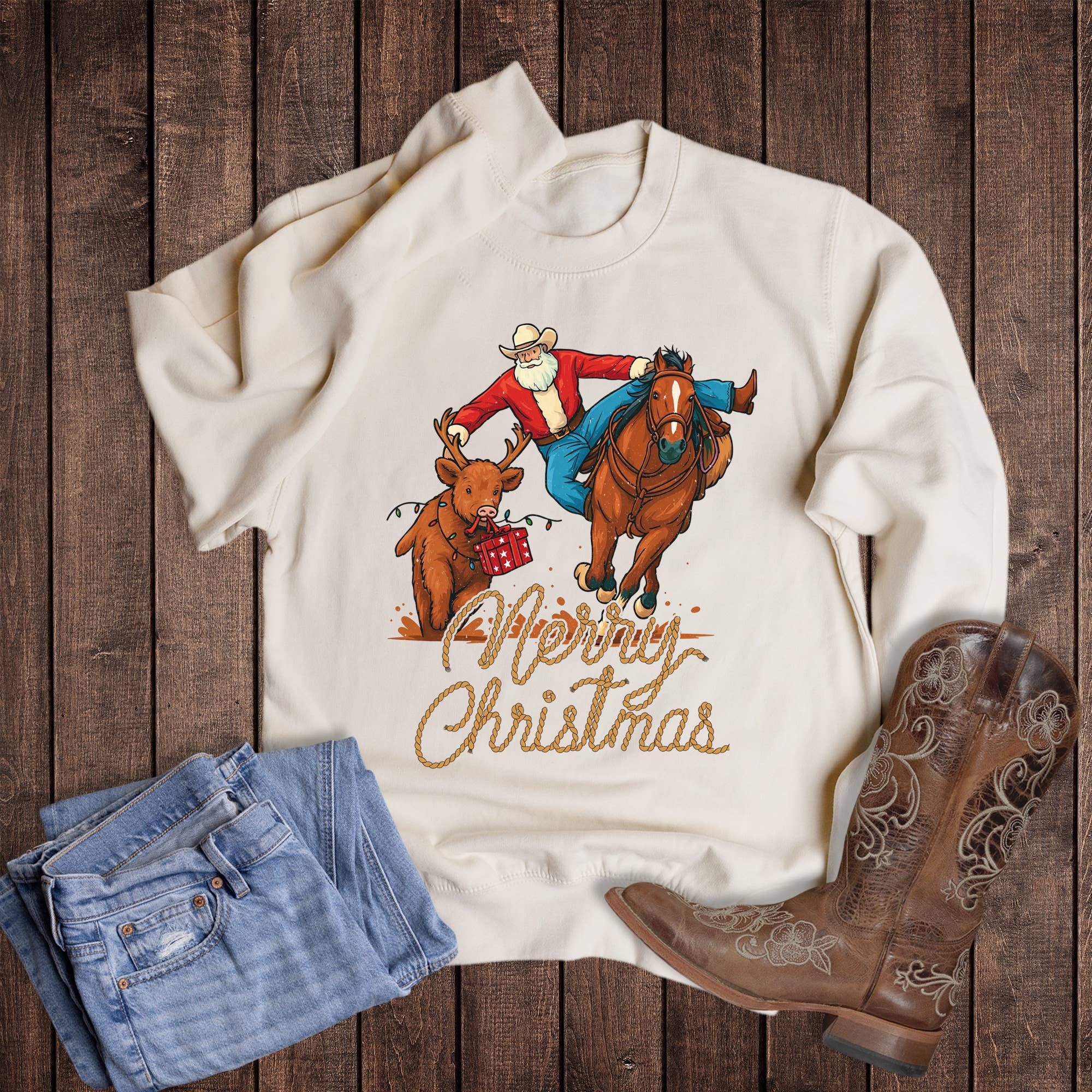 Christmas Western Santa Steer Wrestling Sweatshirt T-Shirts, Hoodie | PodTeesHub.com