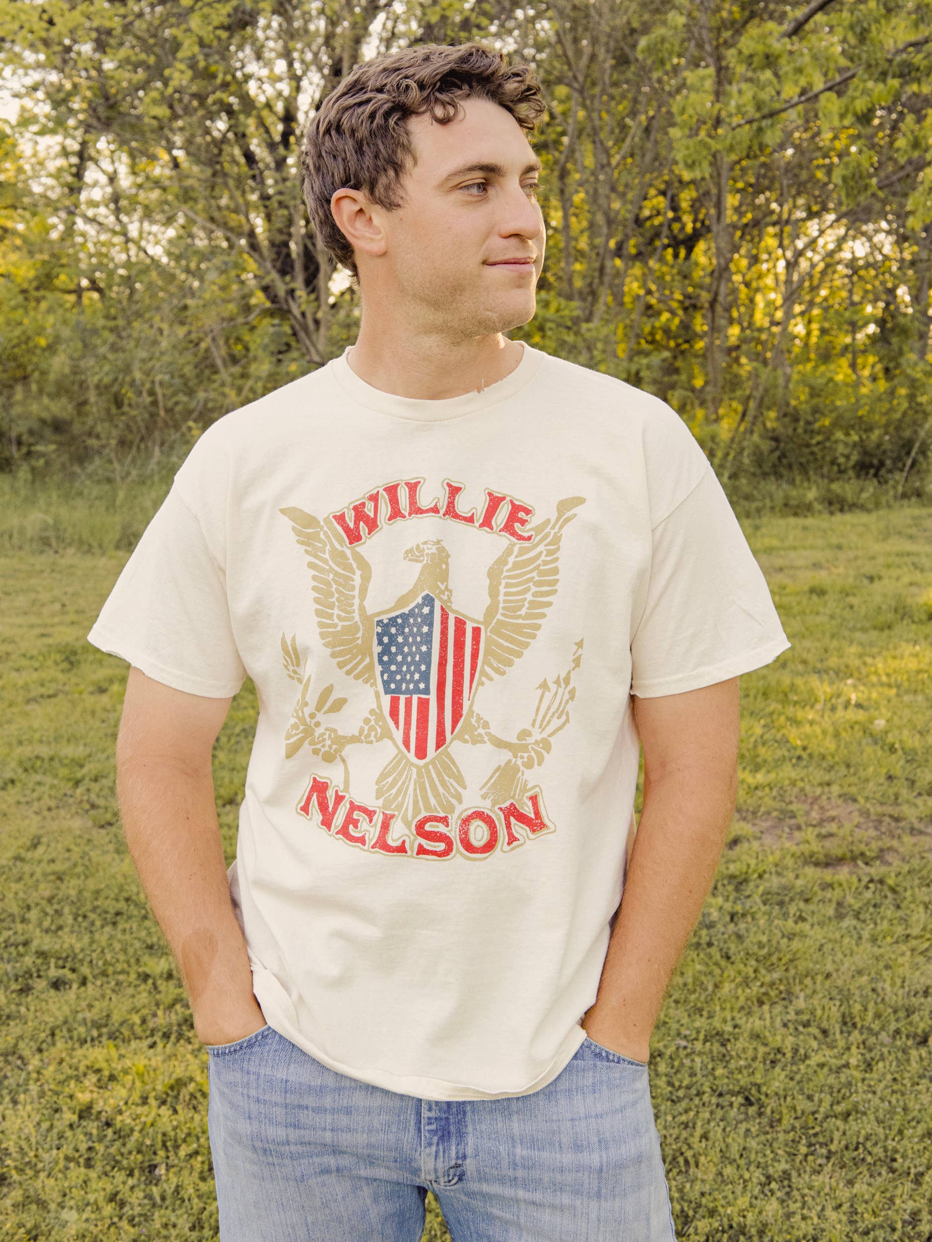 Willie Nelson Eagle Shield Off White Thrifted Graphic Tee Hoodie, Sweatshirt | PodTeesHub.com