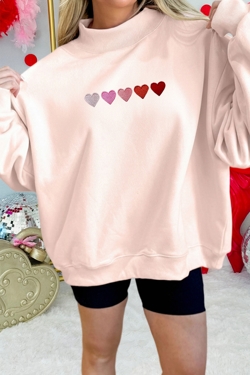 Embroidered Hearts Graphic Mock Neck Sweatshirt (S-Xl) T-Shirts, Hoodie | PodTeesHub.com
