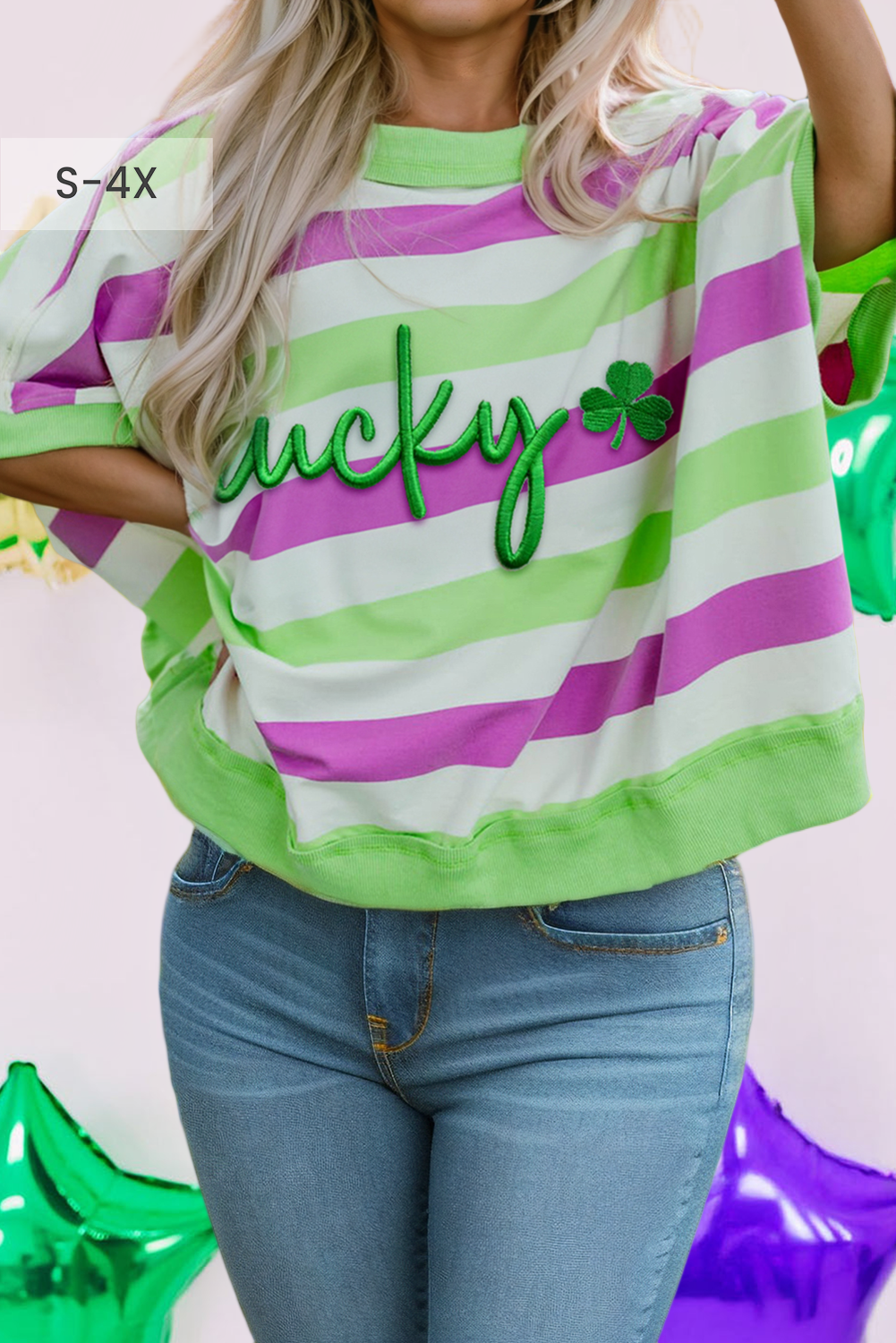 Stripe Lucky Clover Embroidered Graphic Dolman Tee (S-4X) Hoodie, Sweatshirt | PodTeesHub.com