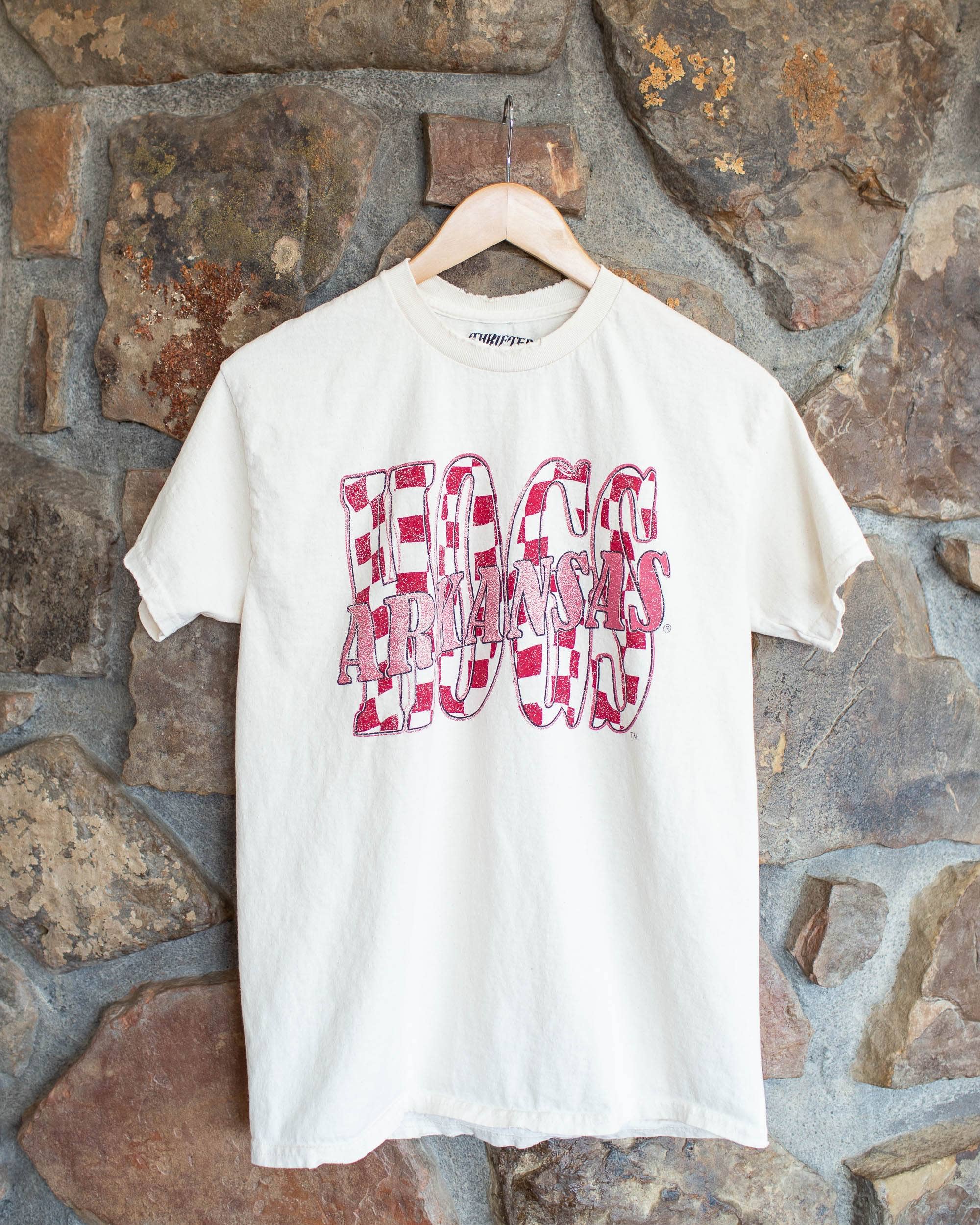 Arkansas Razorbacks Hogs Twisted Check Off Wht Thrifted Tee Hoodie, Sweatshirt | PodTeesHub.com