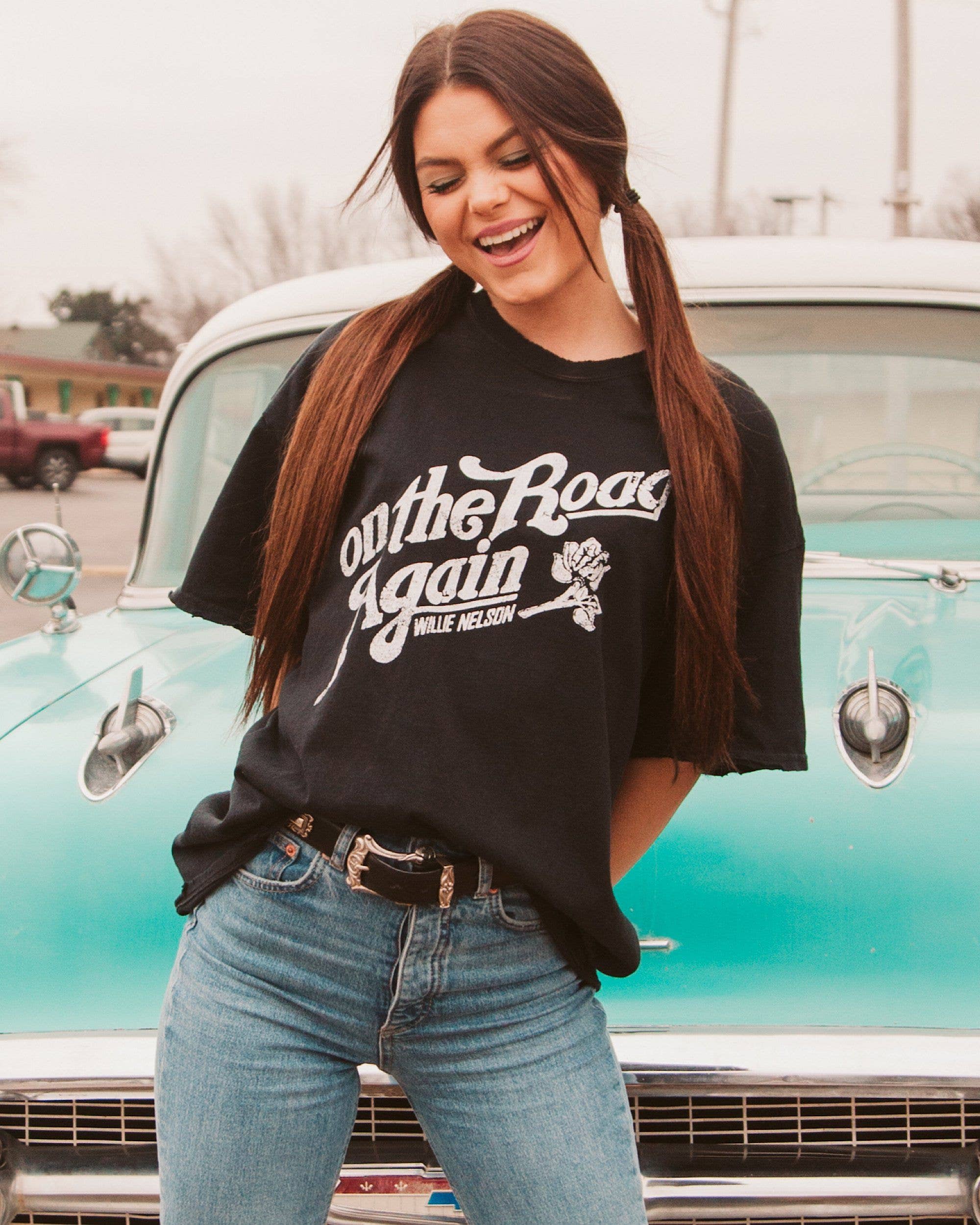 Willie Nelson On the Road Again Black Thrifted Graphic Tee Hoodie, Sweatshirt | PodTeesHub.com