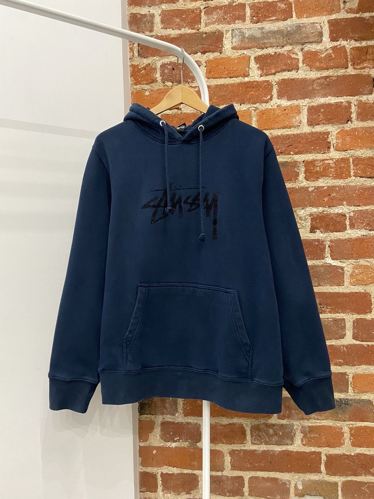 Stussy X Vintage Vintage Stussy Velour Centre Logo Navy Hoodie Size M Mens T-Shirts, Sweatshirt | PodTeesHub.com