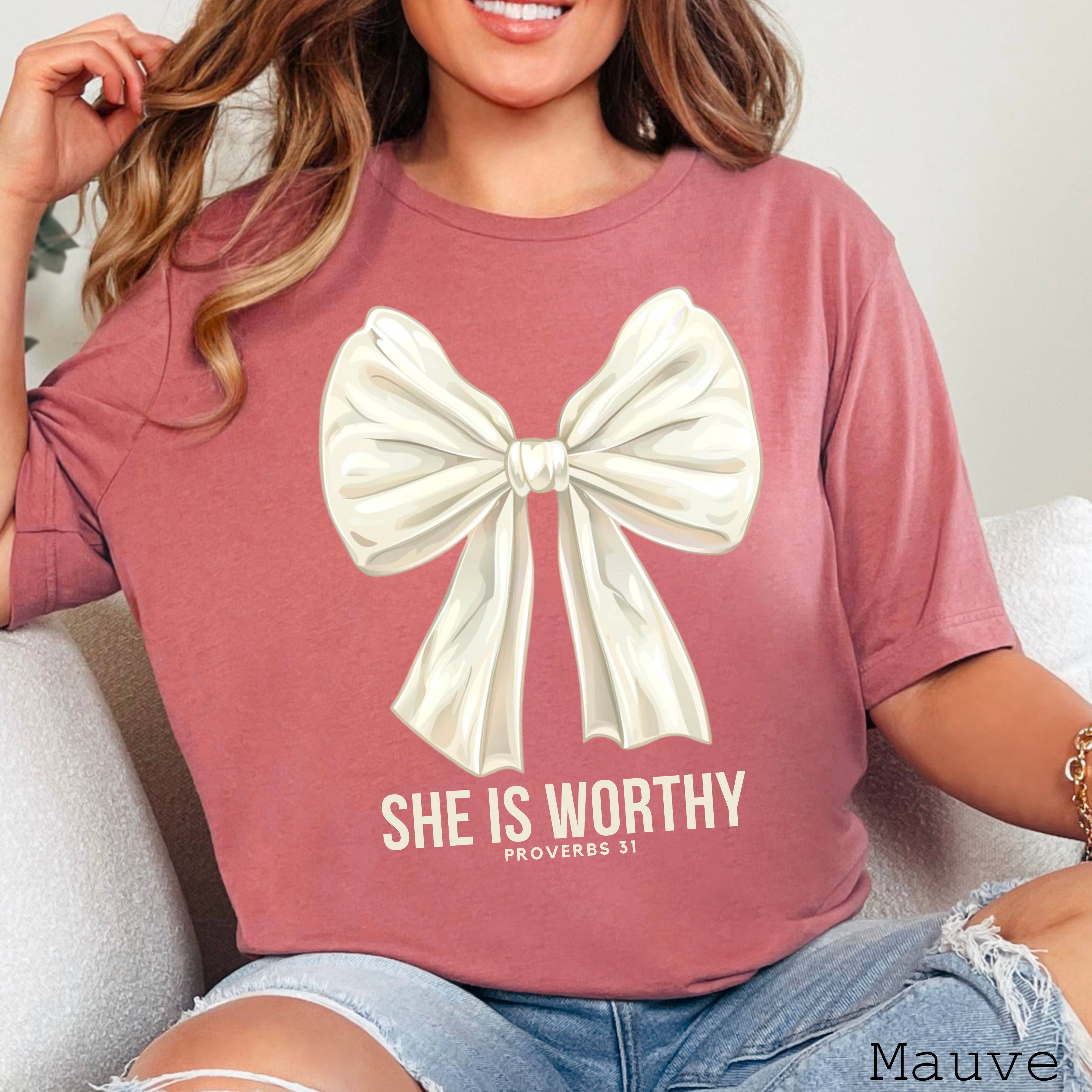 She Is Worthy Graphic Tee | Christian Apparel | Bella Canvas Hoodie, Sweatshirt | PodTeesHub.com