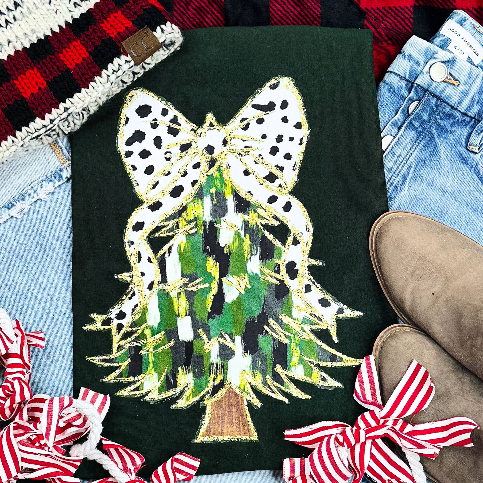 Brushstroke Green/Black/White Tree with Dot Bow Forest Everyday Tee Hoodie, Sweatshirt | PodTeesHub.com