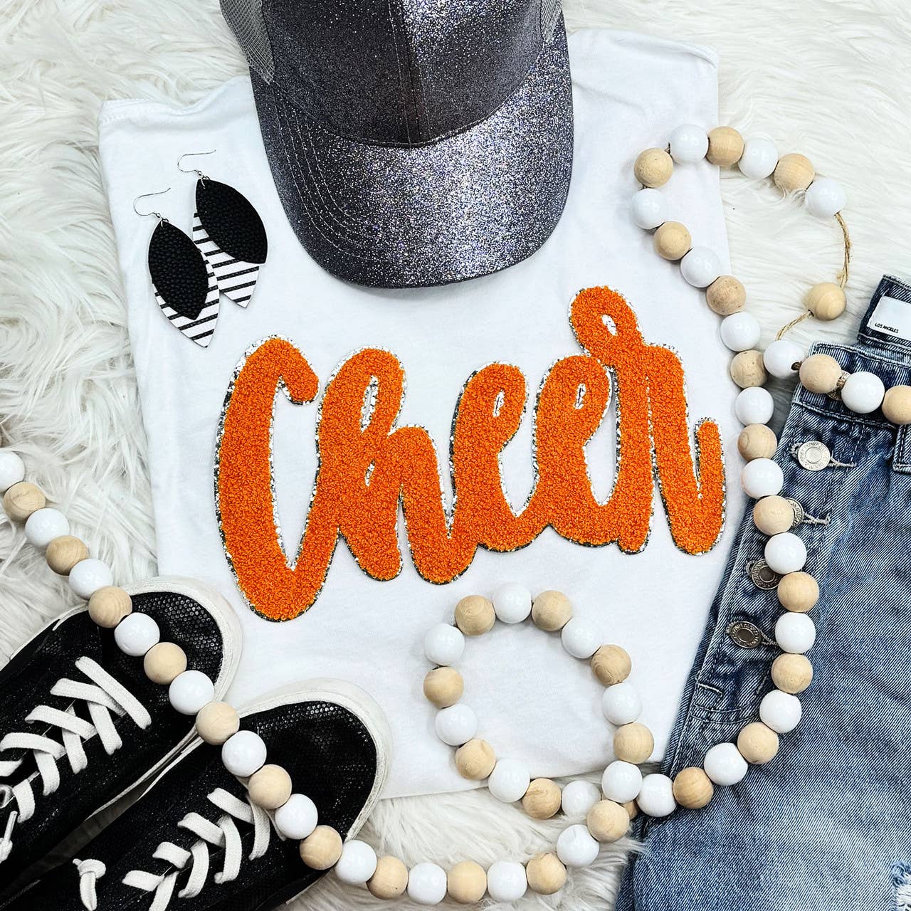 Cursive Chenille Cheer Orange Patch White Everyday Tee Hoodie, Sweatshirt | PodTeesHub.com