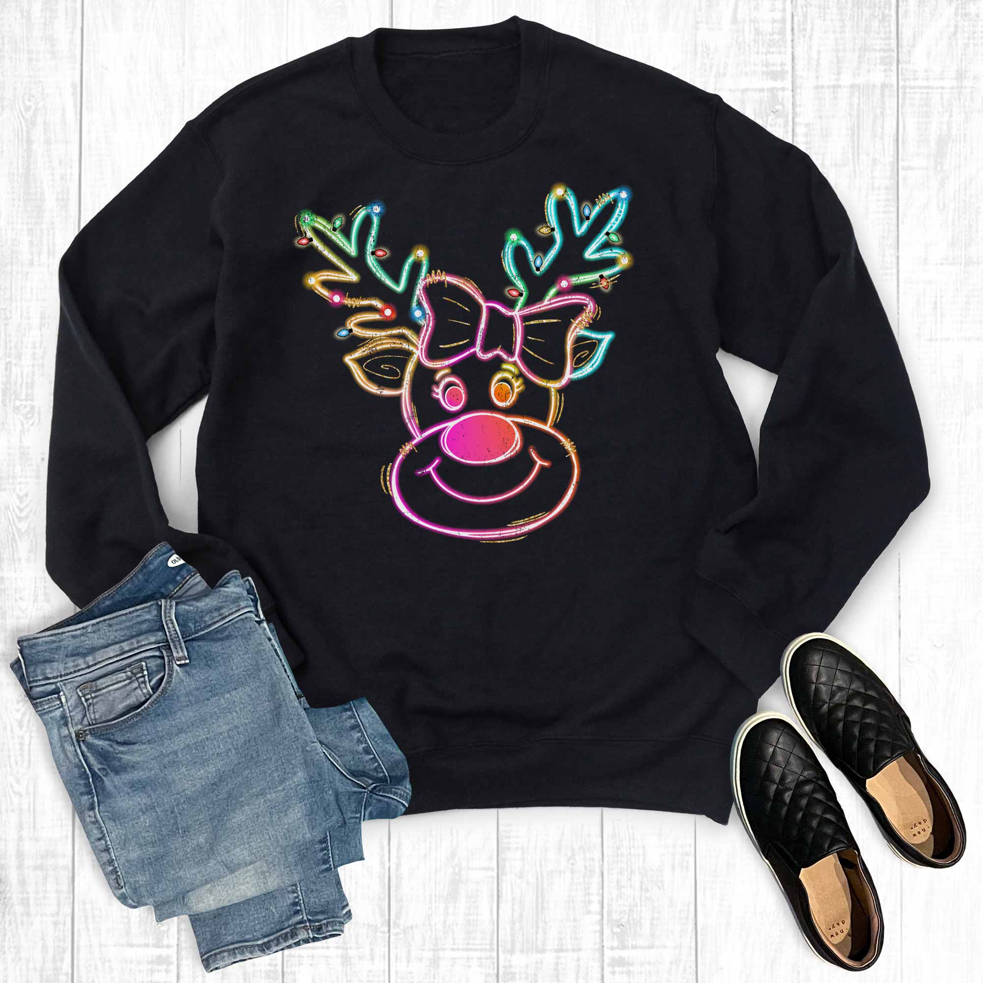 Christmas Coquette Neon Reindeer Graphic Sweatshirt T-Shirts, Hoodie | PodTeesHub.com
