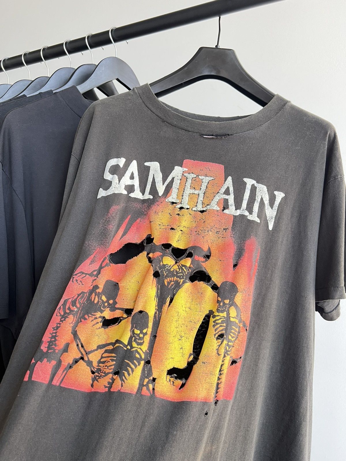 Band Tees Thrashed 90 S Samhain Sun Faded Distressed Metal Band Tee Hoodie, Sweatshirt | PodTeesHub.com