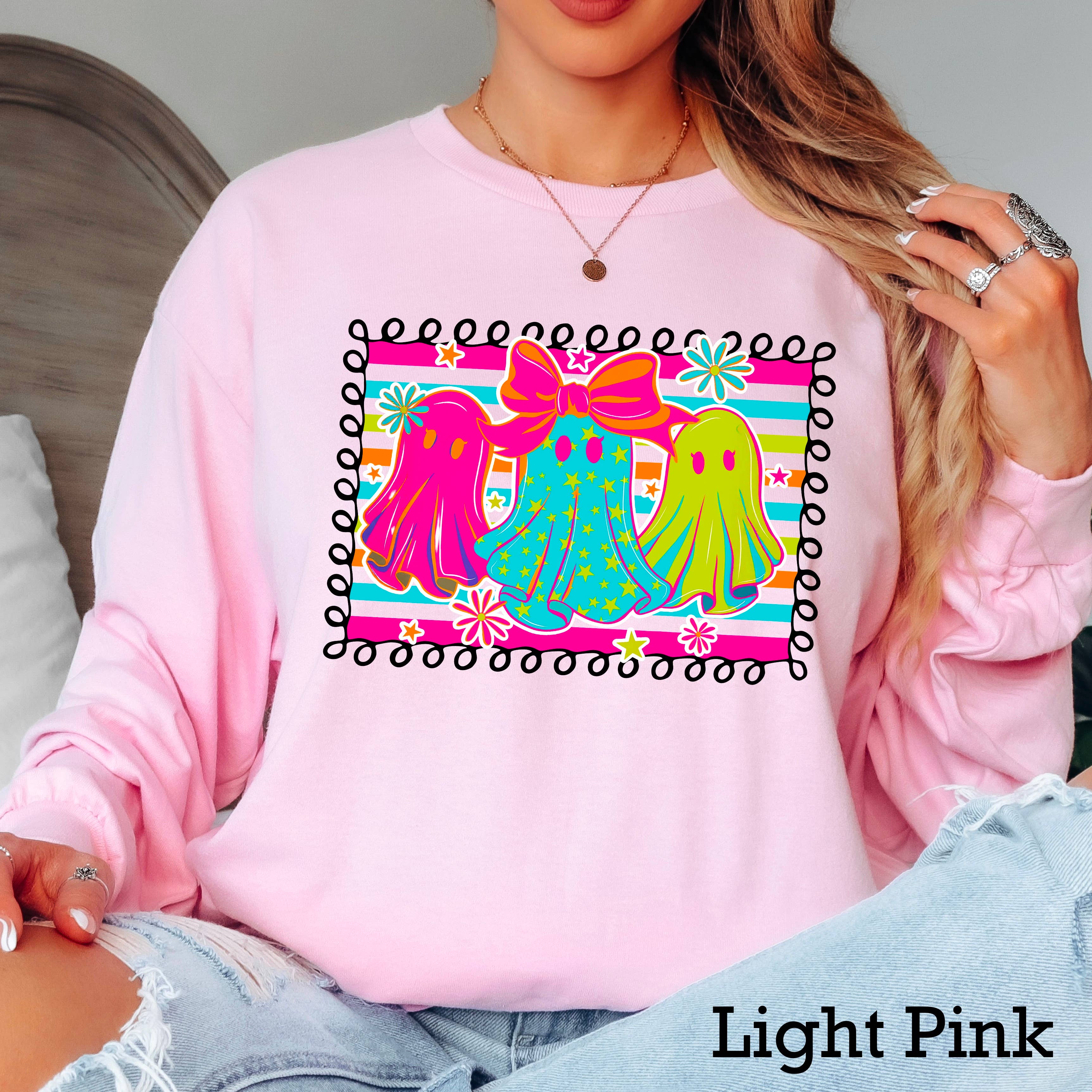 Preppy Neon Ghost Halloween 2025 Long Sleeve Shirt | Gildan Hoodie, Sweatshirt | PodTeesHub.com