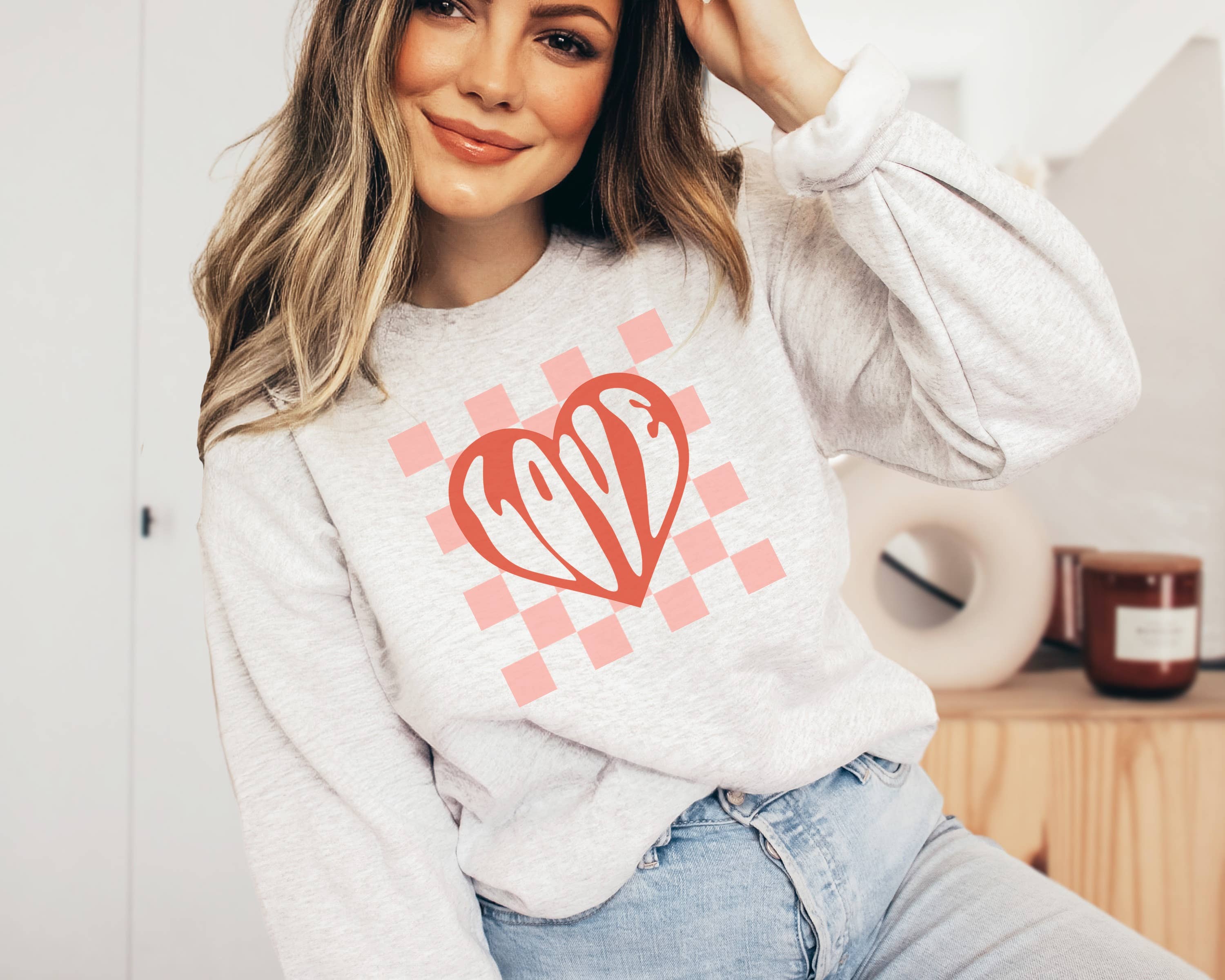 Love Checkered Heart Crew Neck Sweatshirt T-Shirts, Hoodie | PodTeesHub.com